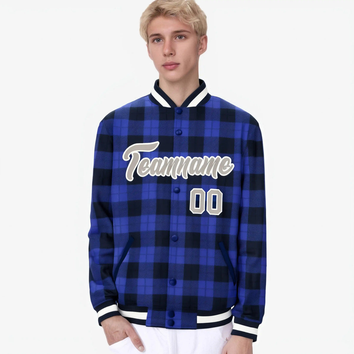 Custom Royal Blue-Black Varsity Full-Snap Plaid Pattern Letterman Baseball Jacket