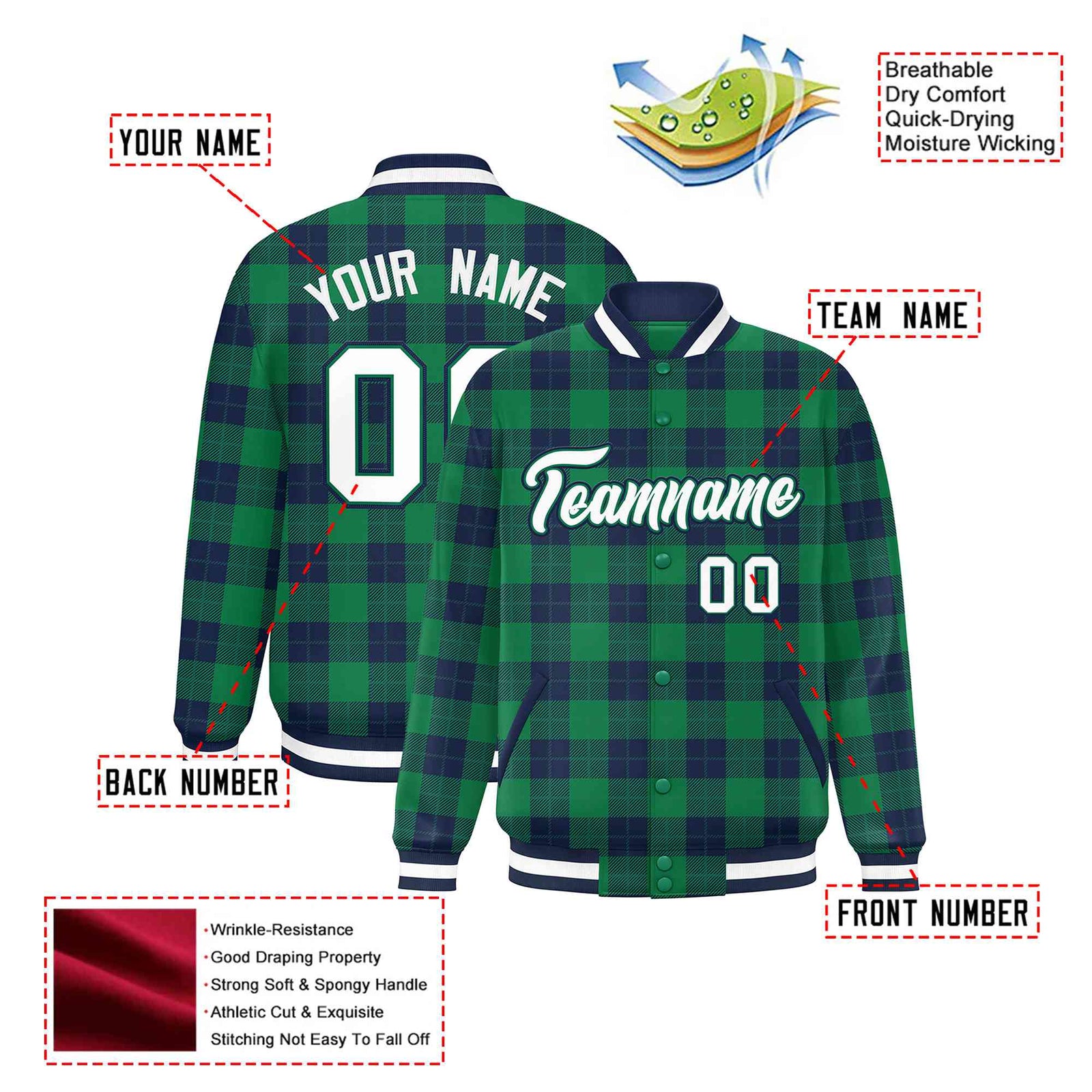 Custom Kelly Green-Navy Varsity Full-Snap Plaid Pattern Letterman Baseball Jacket