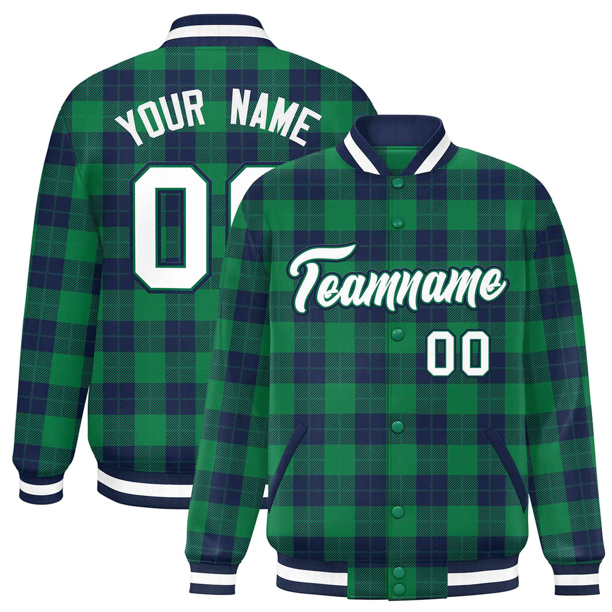 Custom Kelly Green-Navy Varsity Full-Snap Plaid Pattern Letterman Baseball Jacket