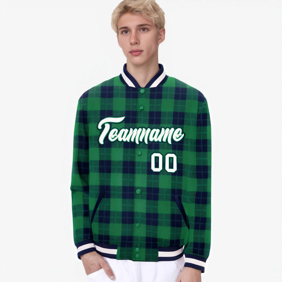 Custom Kelly Green-Navy Varsity Full-Snap Plaid Pattern Letterman Baseball Jacket