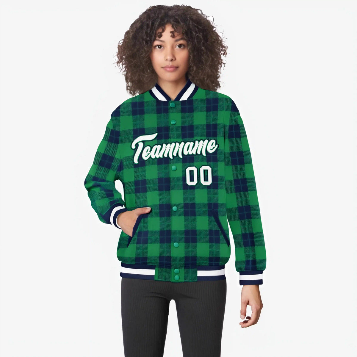 Custom Kelly Green-Navy Varsity Full-Snap Plaid Pattern Letterman Baseball Jacket