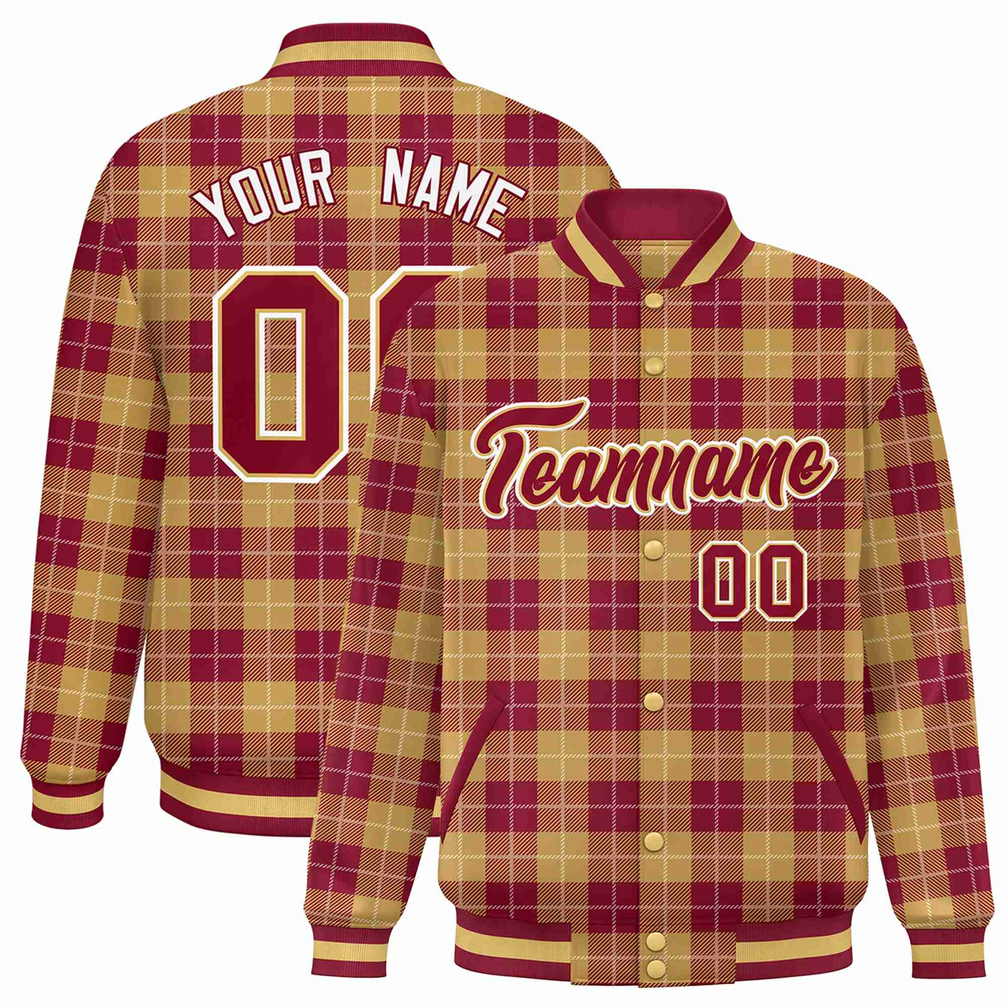 Custom Red-Gold Varsity Full-Snap Plaid Pattern Letterman Baseball Jacket