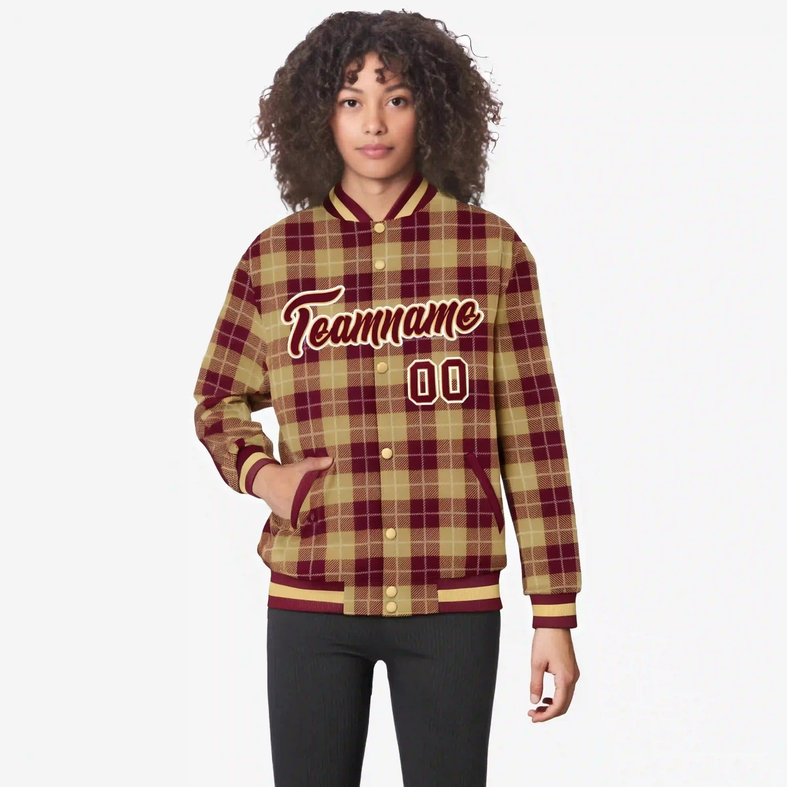 Custom Red-Gold Varsity Full-Snap Plaid Pattern Letterman Baseball Jacket