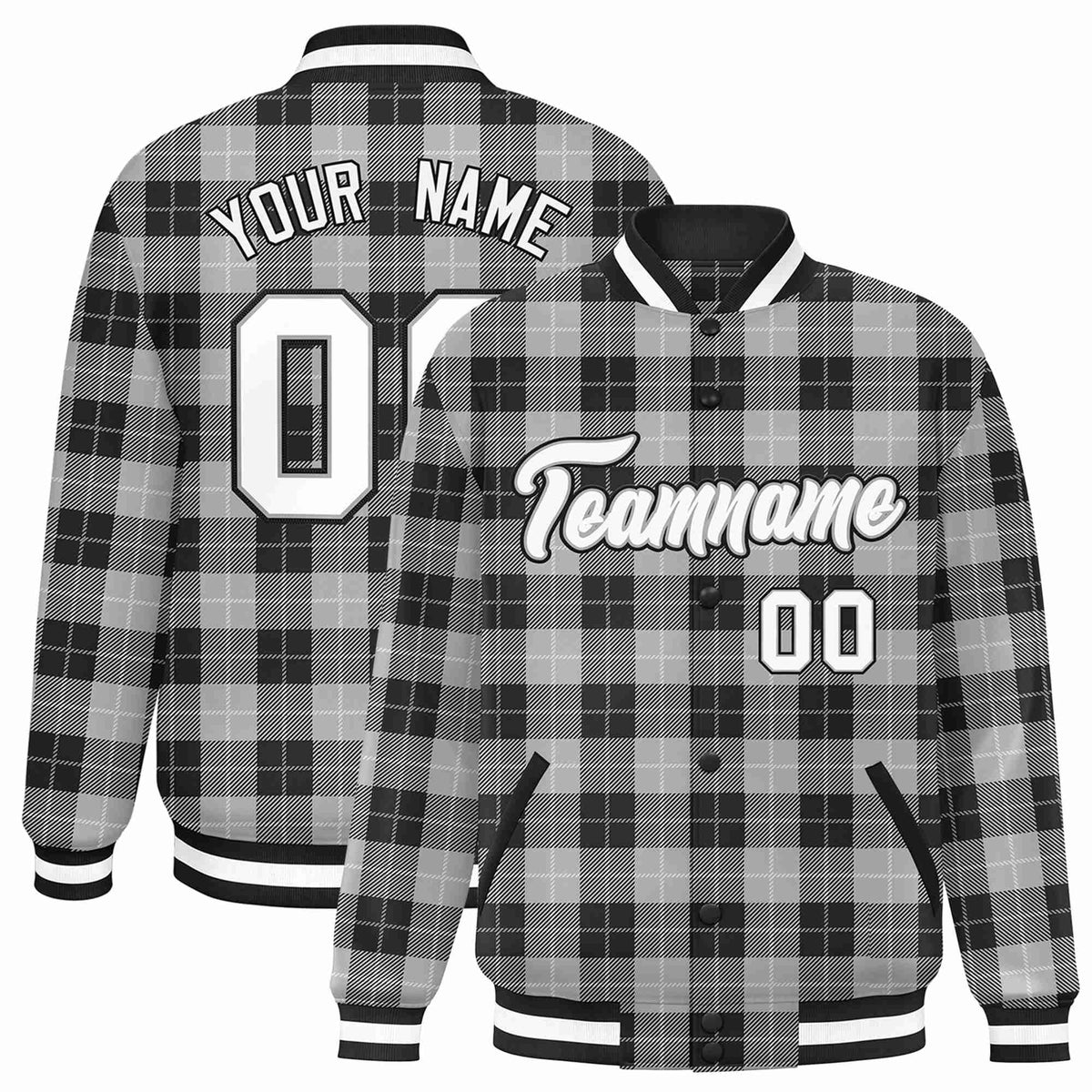 Custom Gray-Black Varsity Full-Snap Plaid Pattern Letterman Baseball Jacket