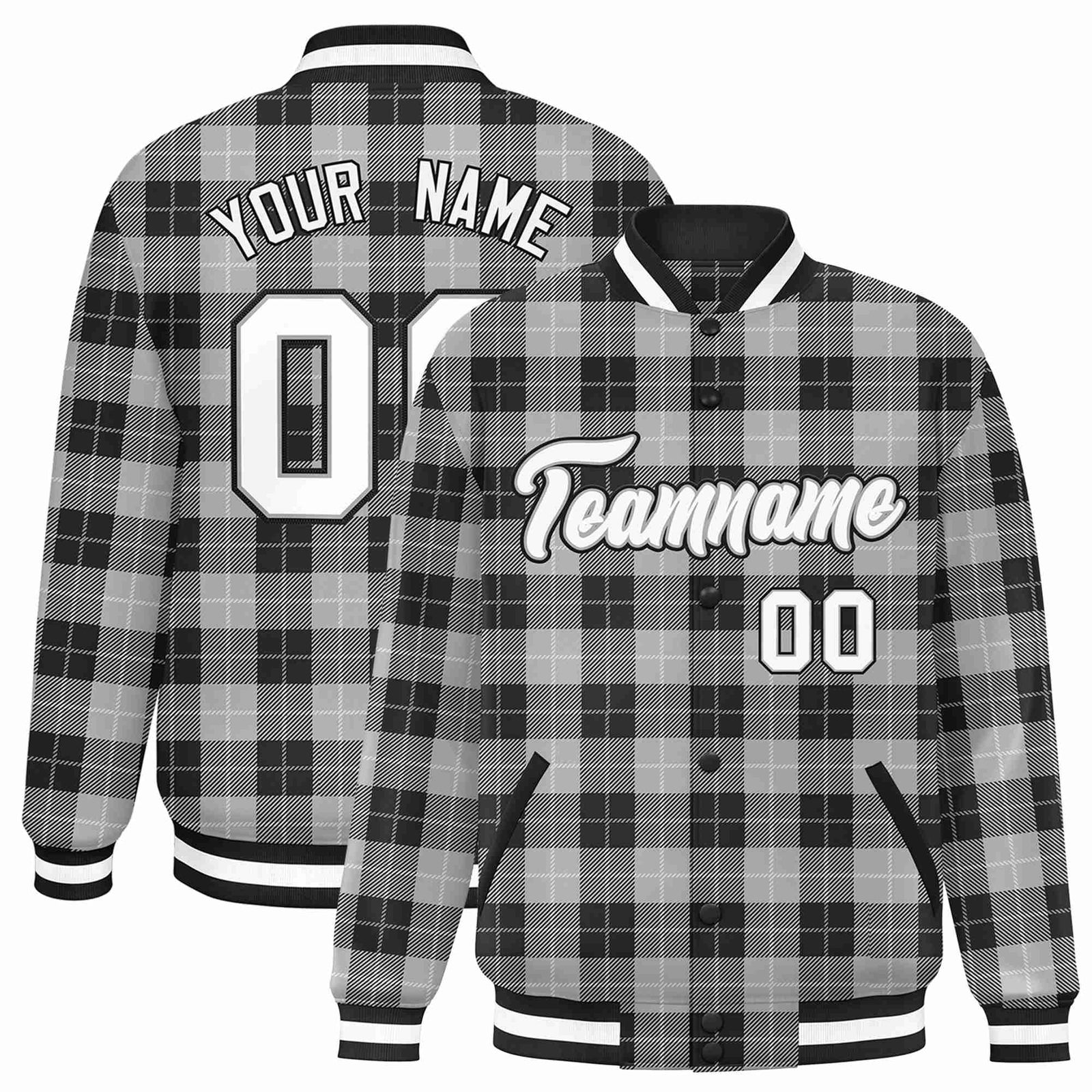Custom Gray-Black Varsity Full-Snap Plaid Pattern Letterman Baseball Jacket