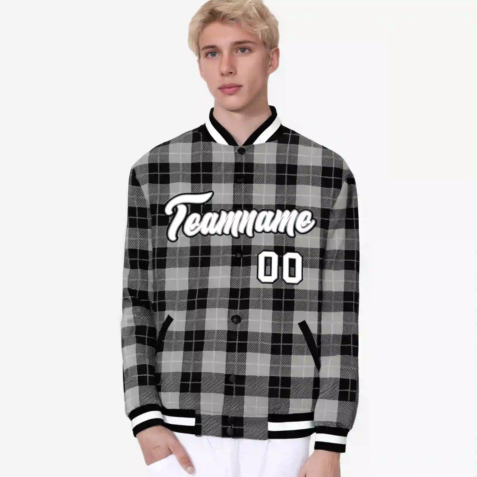 Custom Gray-Black Varsity Full-Snap Plaid Pattern Letterman Baseball Jacket
