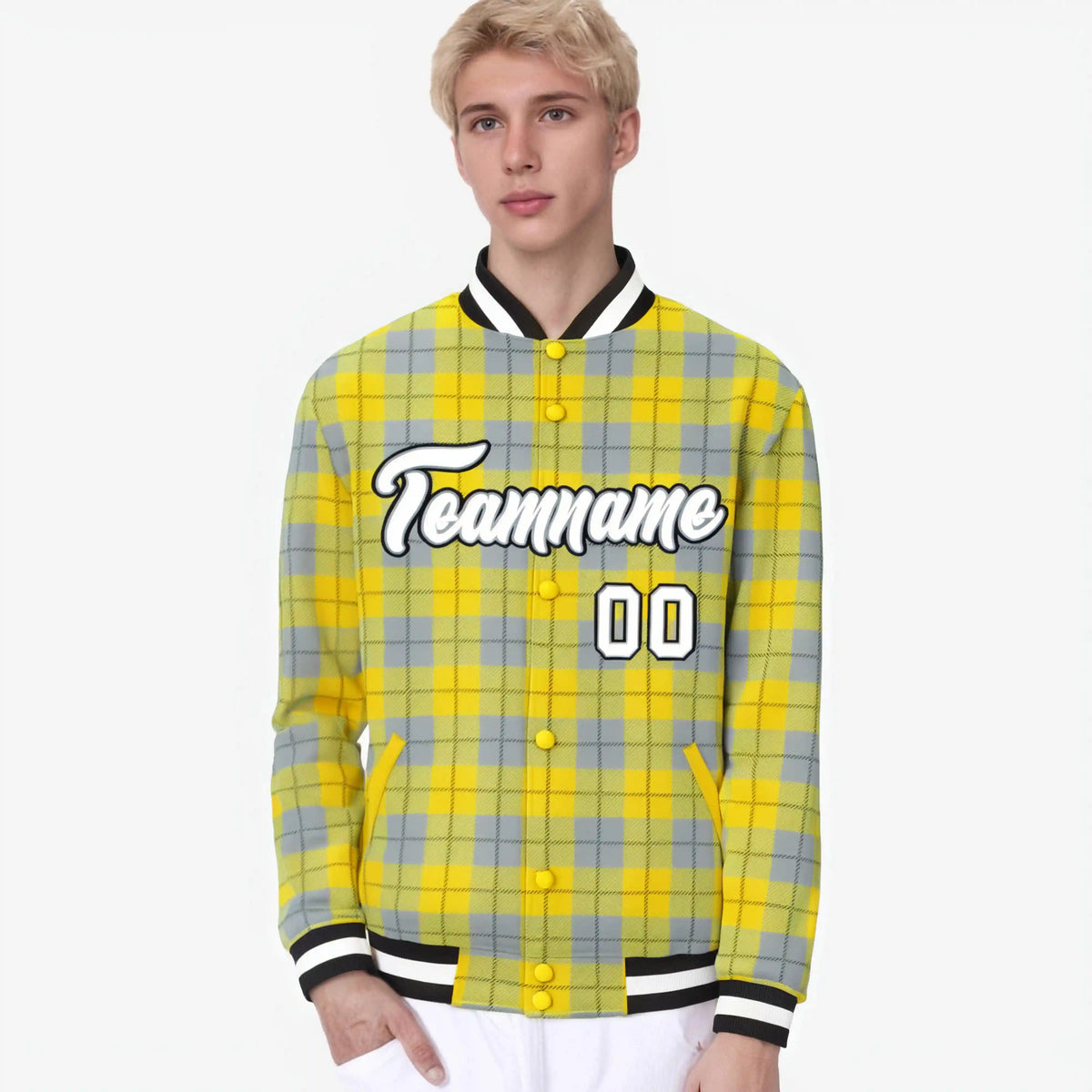 Custom Gold-Gray Varsity Full-Snap Plaid Pattern Letterman Baseball Jacket