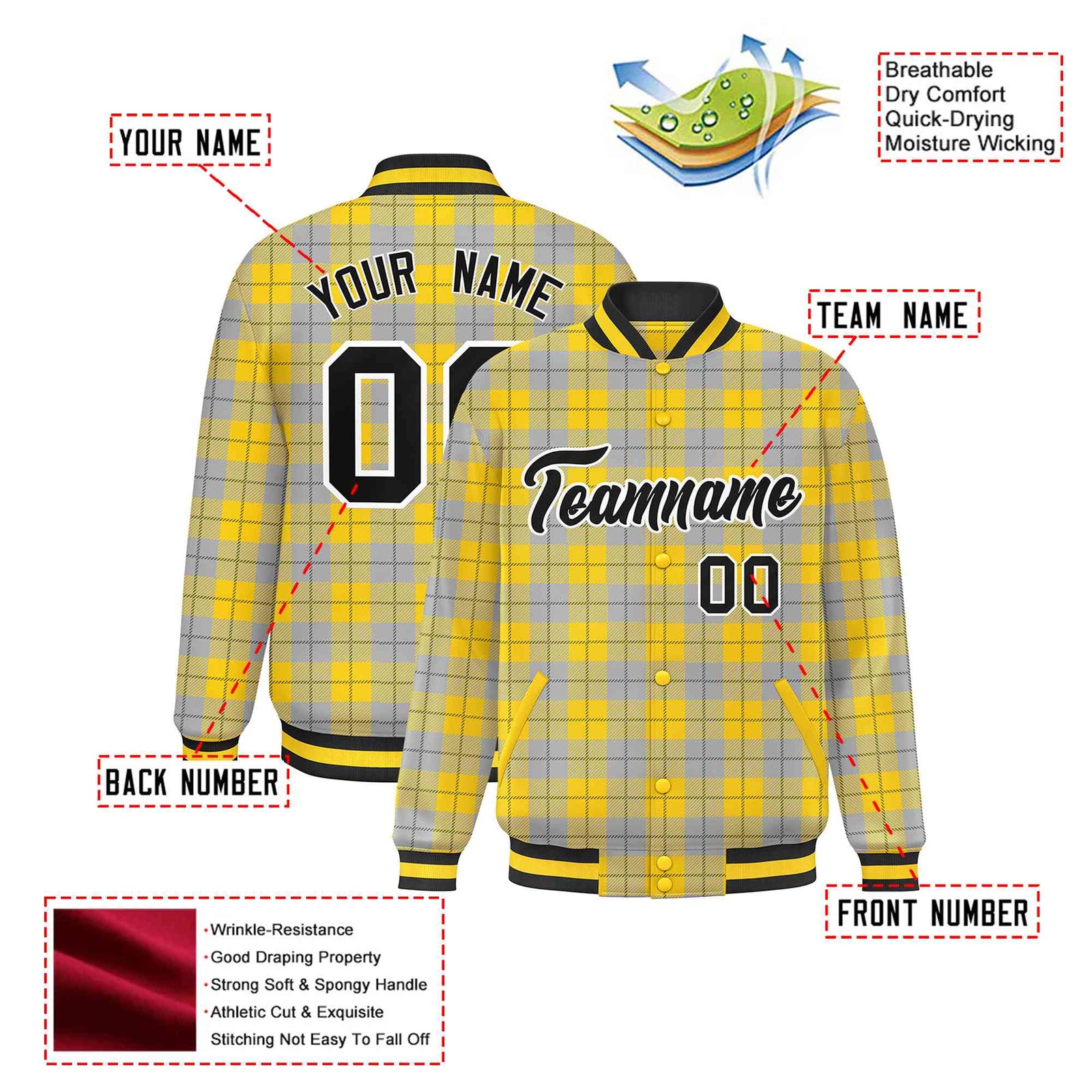 Custom Gold-Gray Varsity Full-Snap Plaid Pattern Letterman Baseball Jacket