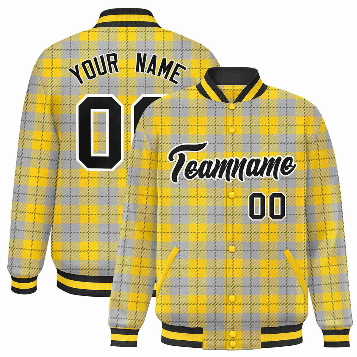 Custom Gold-Gray Varsity Full-Snap Plaid Pattern Letterman Baseball Jacket
