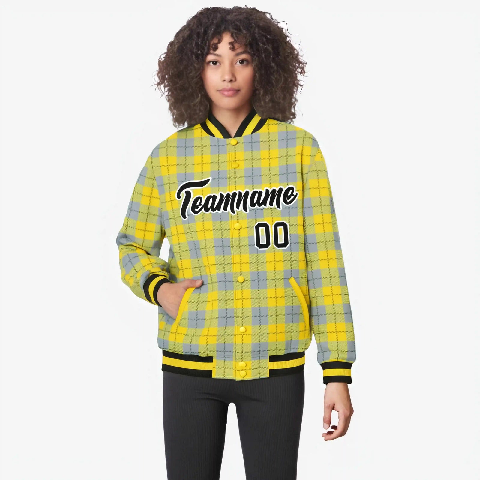 Custom Gold-Gray Varsity Full-Snap Plaid Pattern Letterman Baseball Jacket