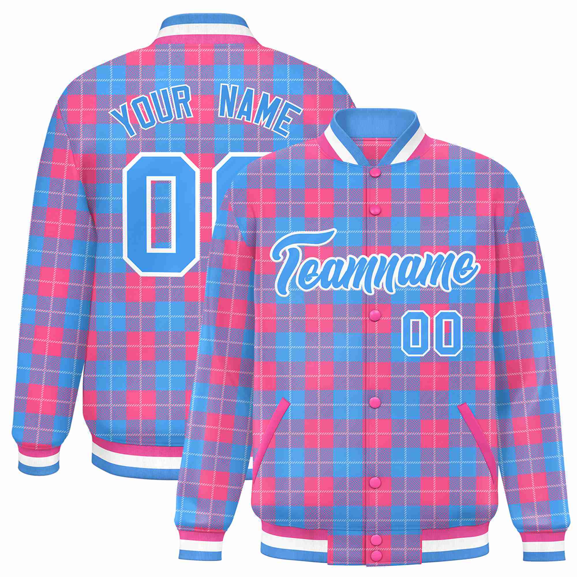 Custom Powder Blue-Pink Varsity Full-Snap Plaid Pattern Letterman Baseball Jacket