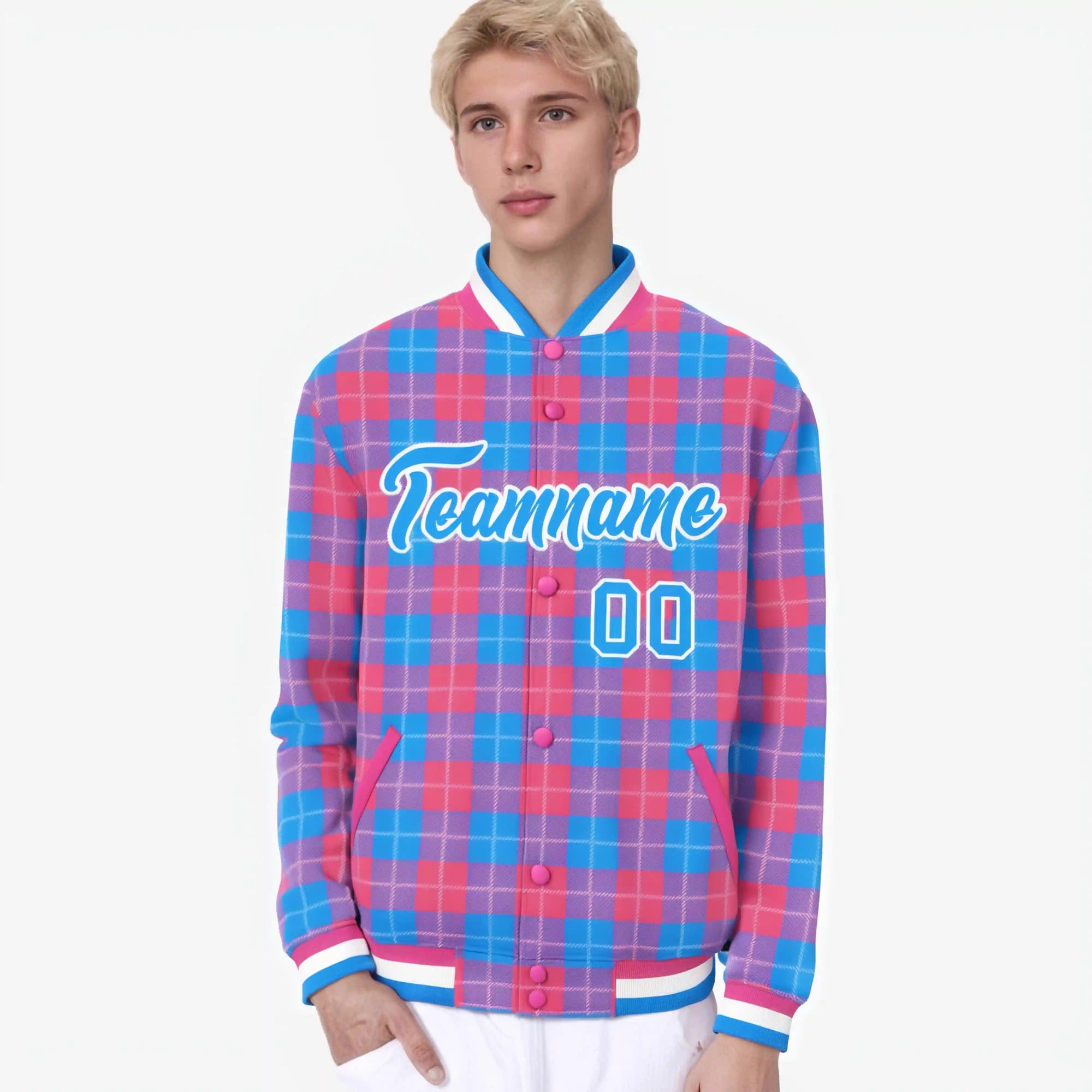 Custom Powder Blue-Pink Varsity Full-Snap Plaid Pattern Letterman Baseball Jacket