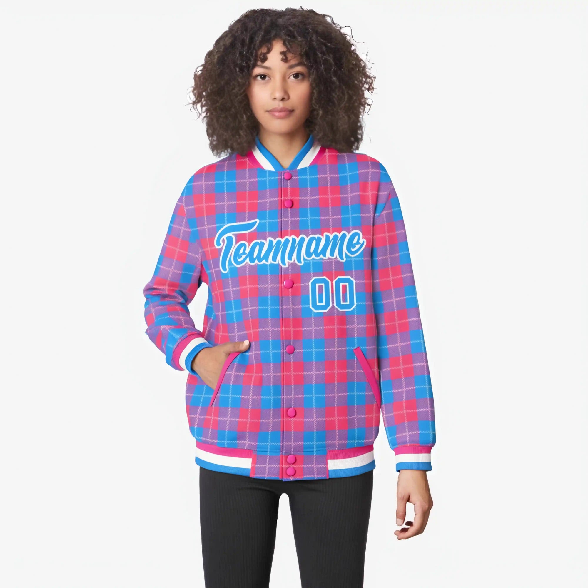 Custom Powder Blue-Pink Varsity Full-Snap Plaid Pattern Letterman Baseball Jacket