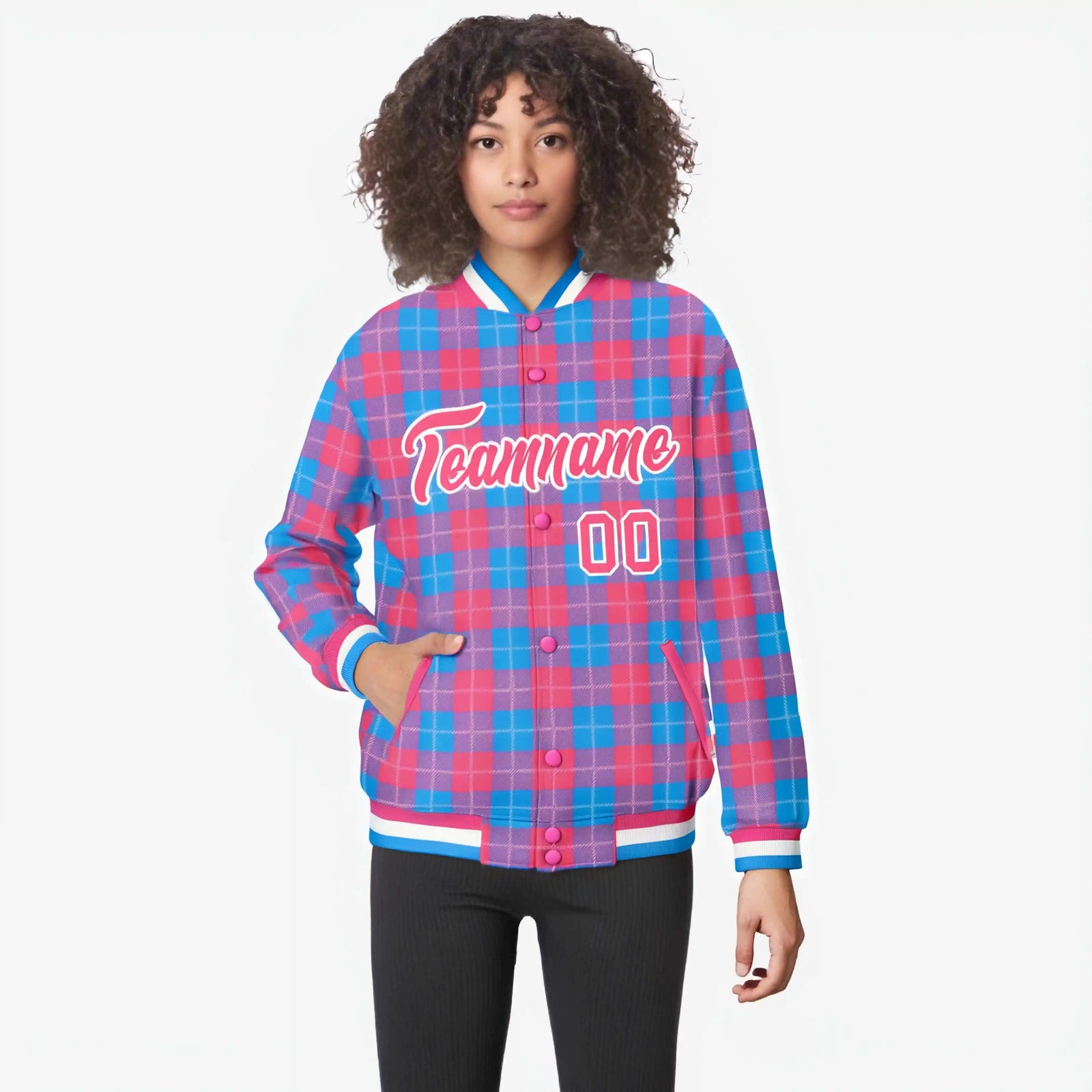 Custom Powder Blue-Pink Varsity Full-Snap Plaid Pattern Letterman Baseball Jacket