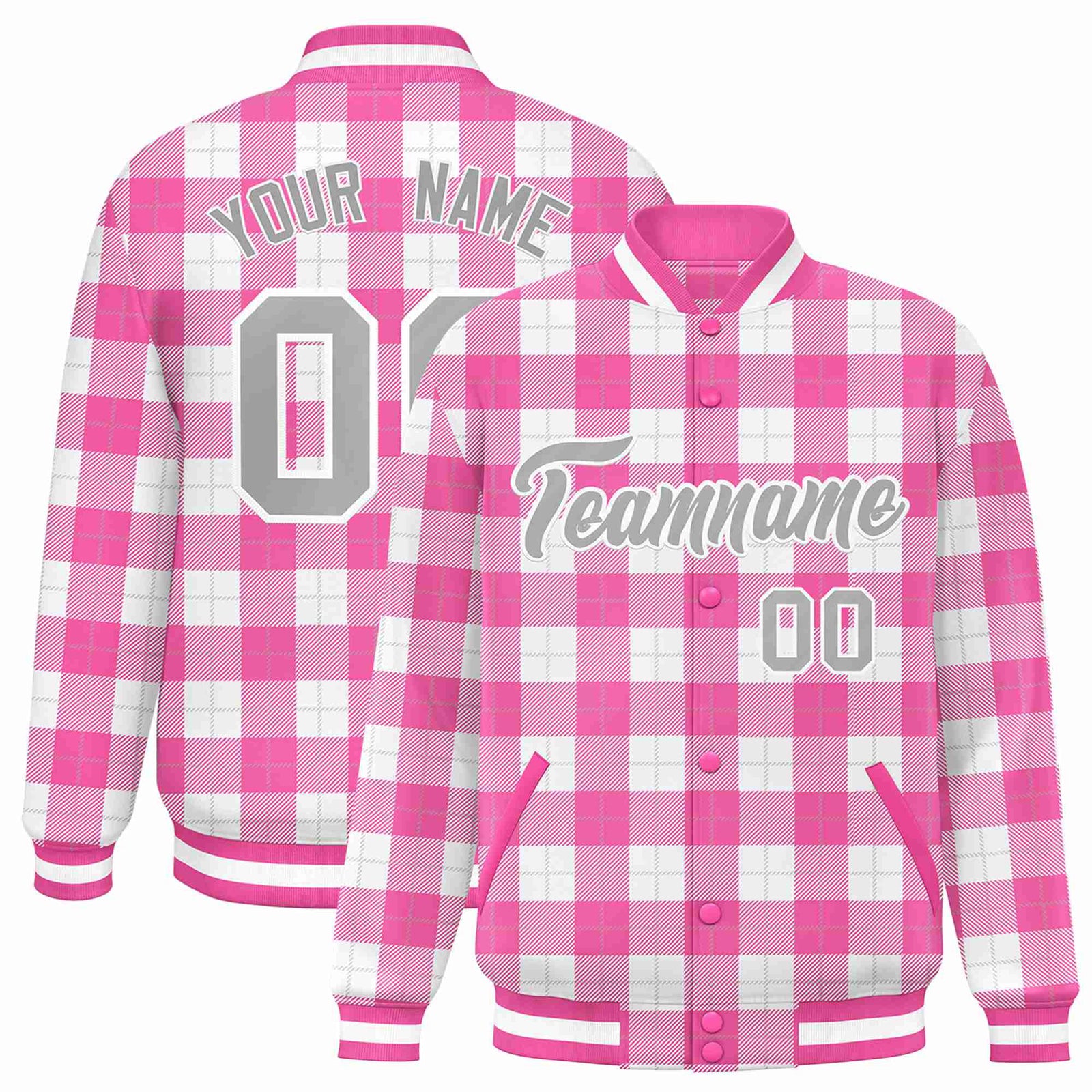Custom Pink-White Varsity Full-Snap Plaid Pattern Letterman Baseball Jacket
