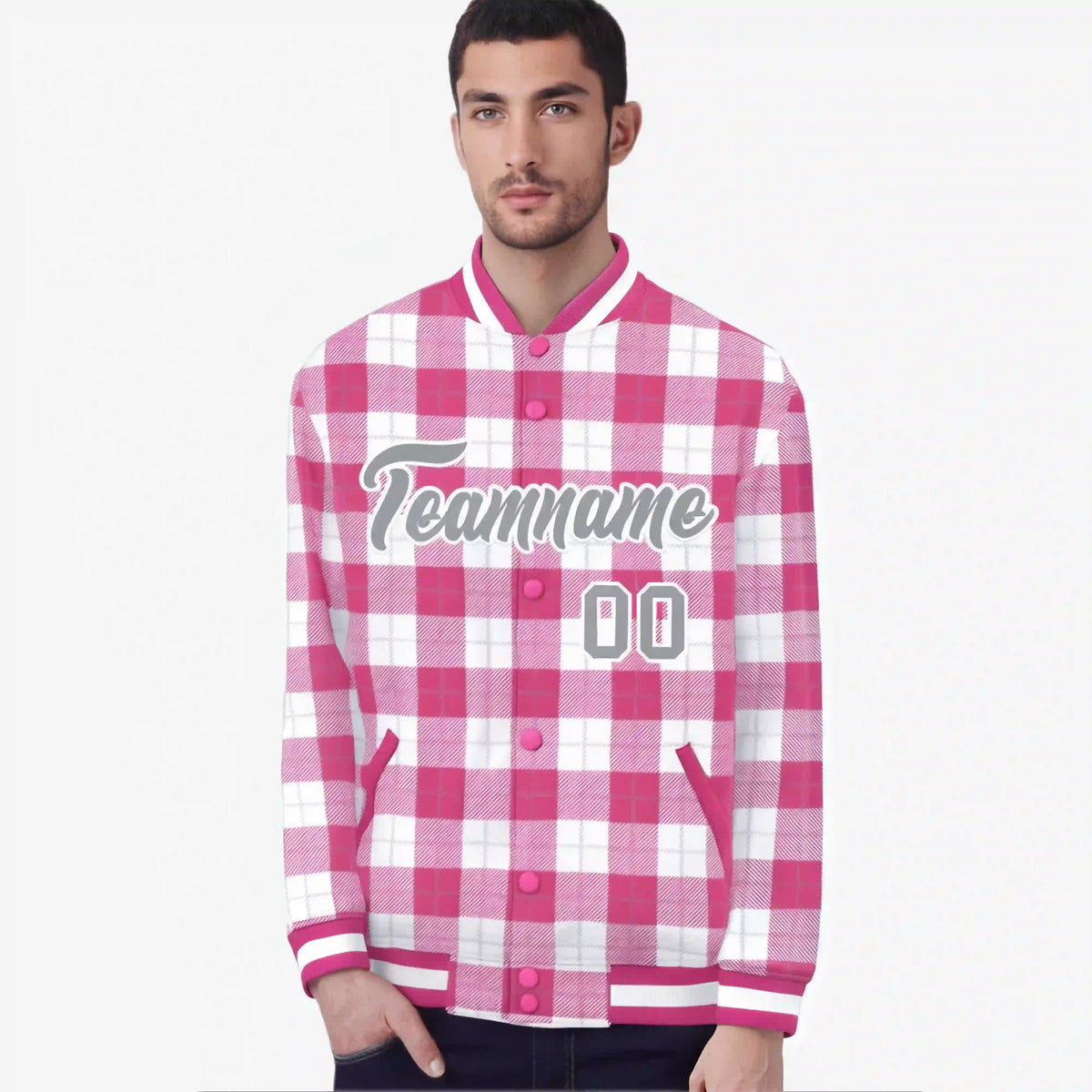 Custom Pink-White Varsity Full-Snap Plaid Pattern Letterman Baseball Jacket