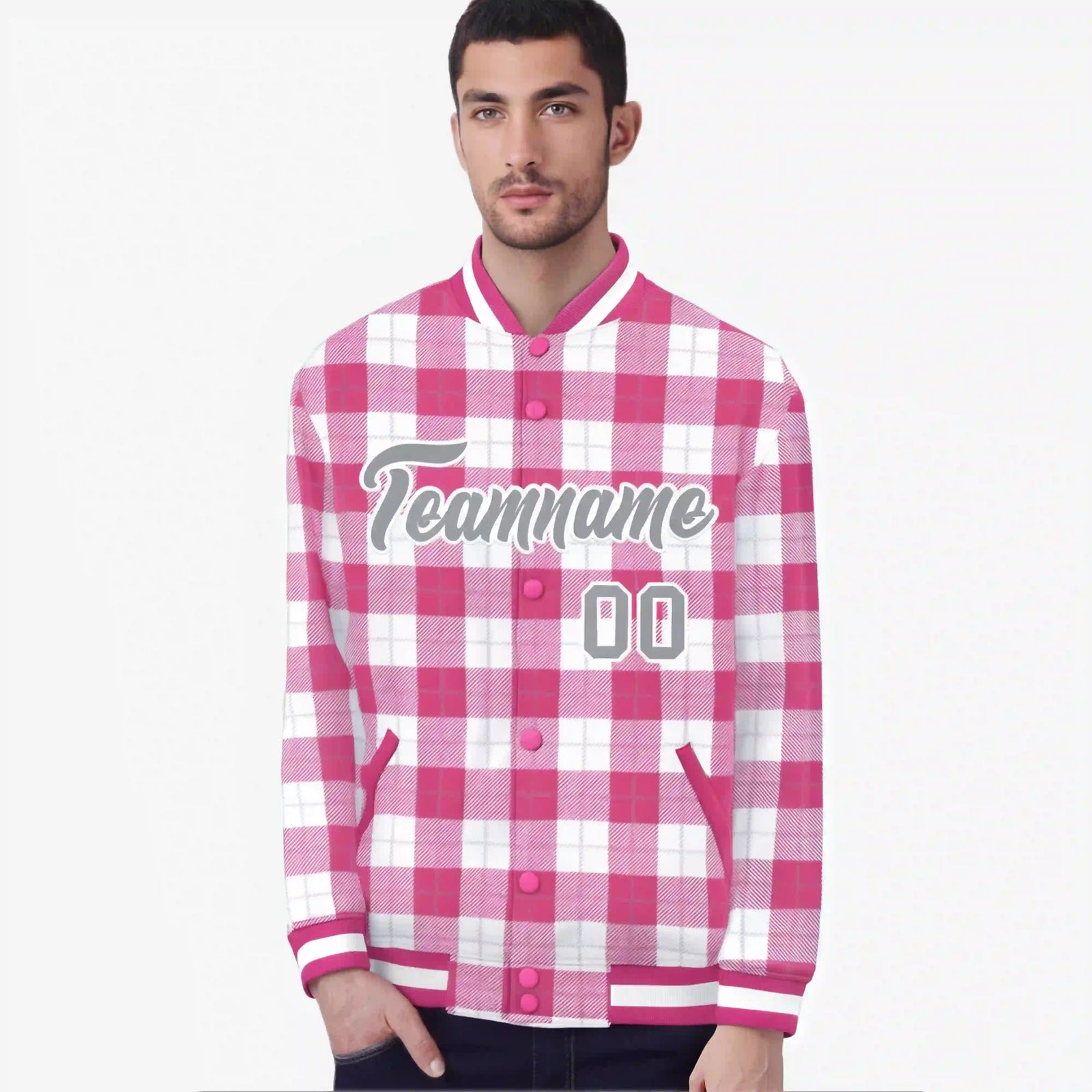 Custom Pink-White Varsity Full-Snap Plaid Pattern Letterman Baseball Jacket