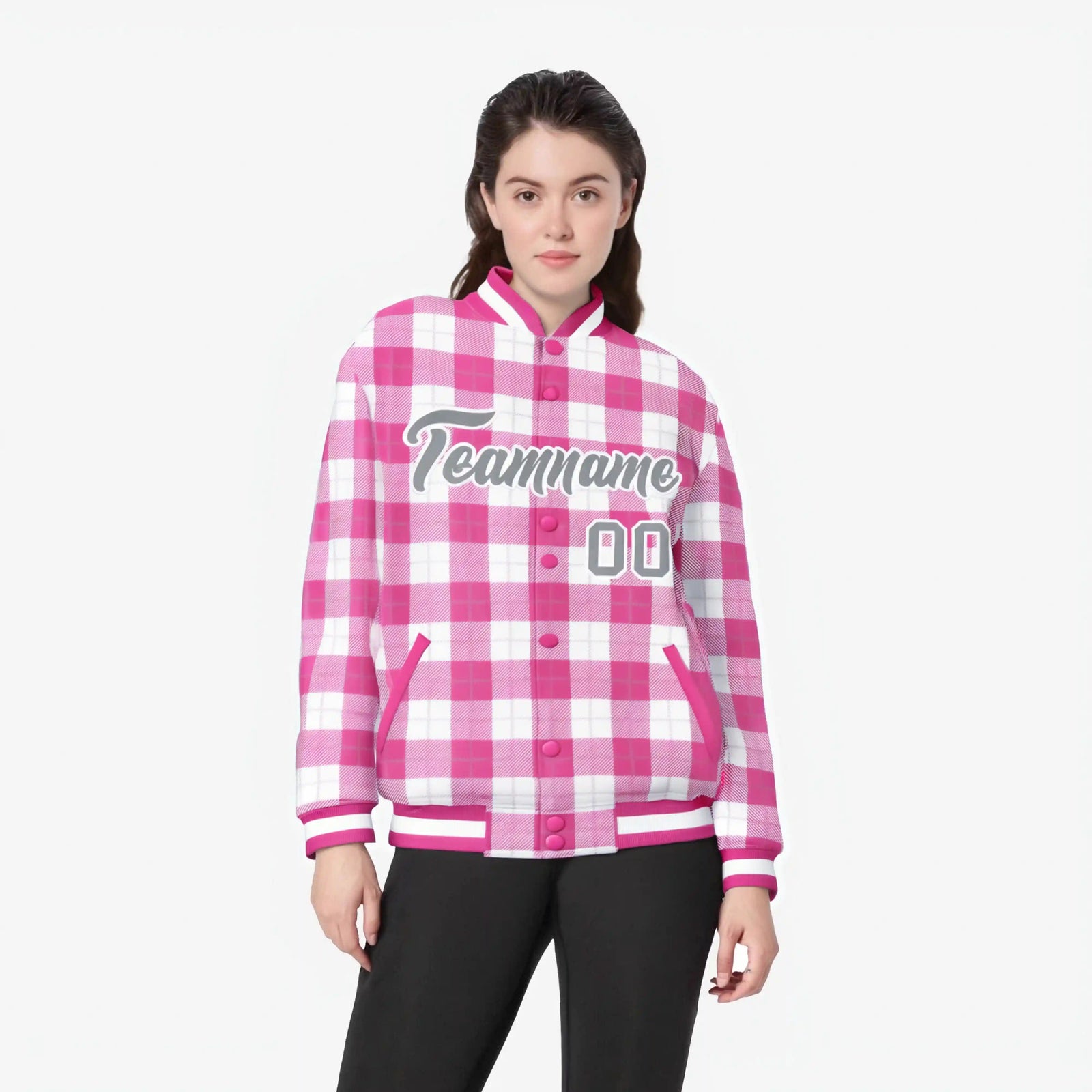 Custom Pink-White Varsity Full-Snap Plaid Pattern Letterman Baseball Jacket