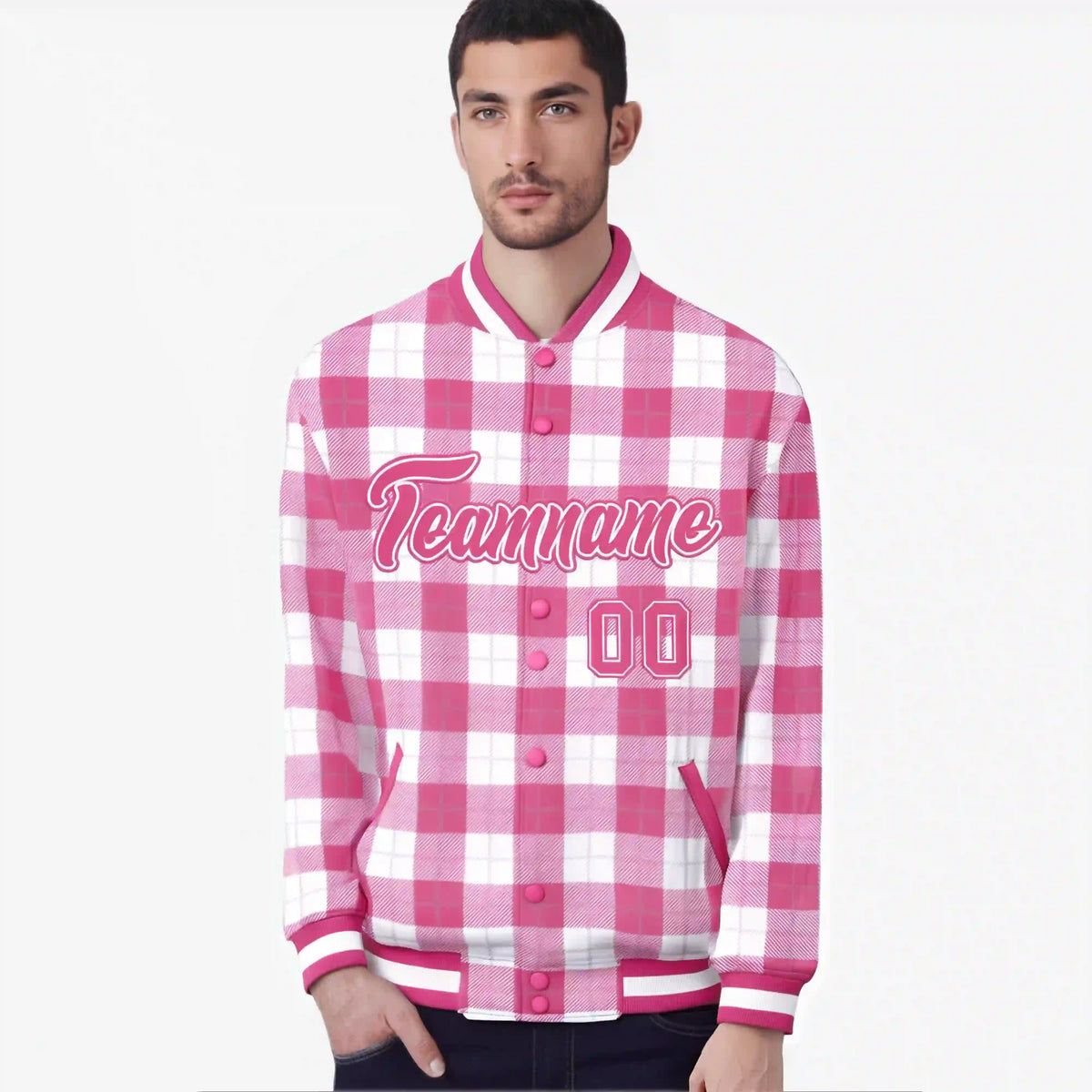 Custom Pink-White Varsity Full-Snap Plaid Pattern Letterman Baseball Jacket