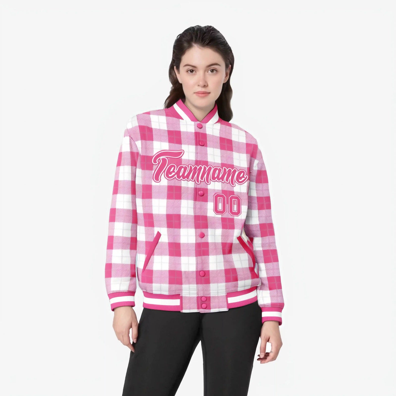 Custom Pink-White Varsity Full-Snap Plaid Pattern Letterman Baseball Jacket
