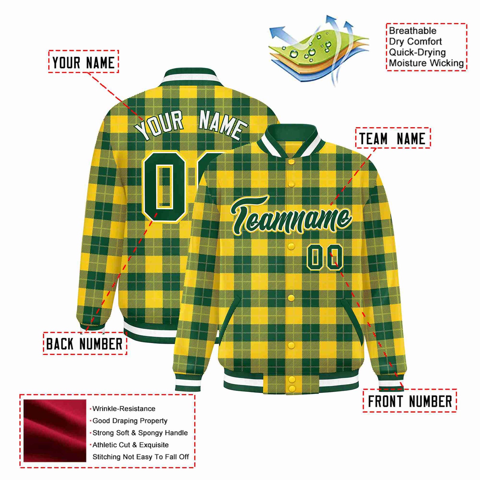 Custom Gold-Green Varsity Full-Snap Plaid Pattern Letterman Baseball Jacket