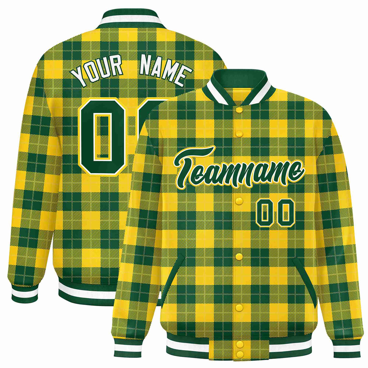 Custom Gold-Green Varsity Full-Snap Plaid Pattern Letterman Baseball Jacket
