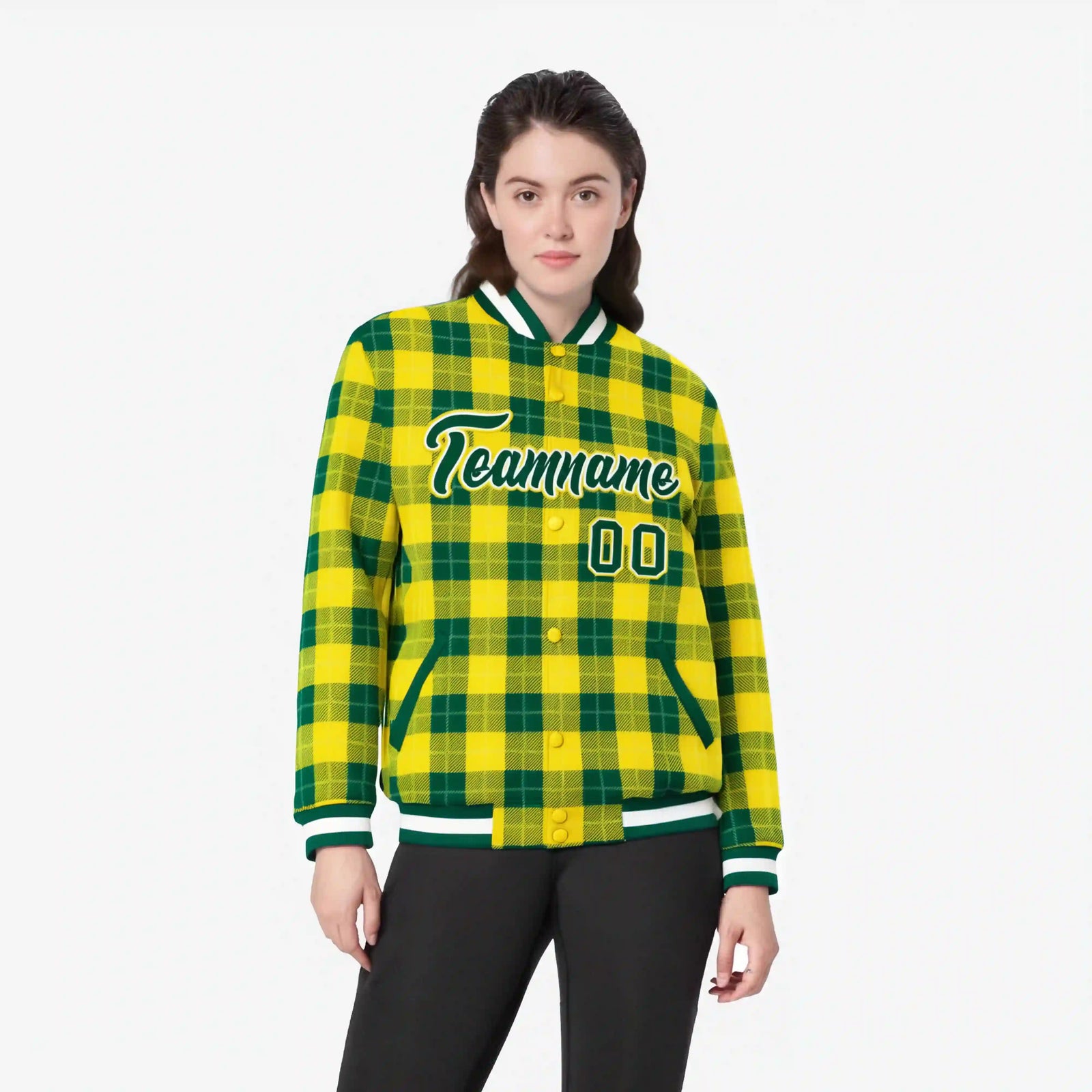 Custom Gold-Green Varsity Full-Snap Plaid Pattern Letterman Baseball Jacket