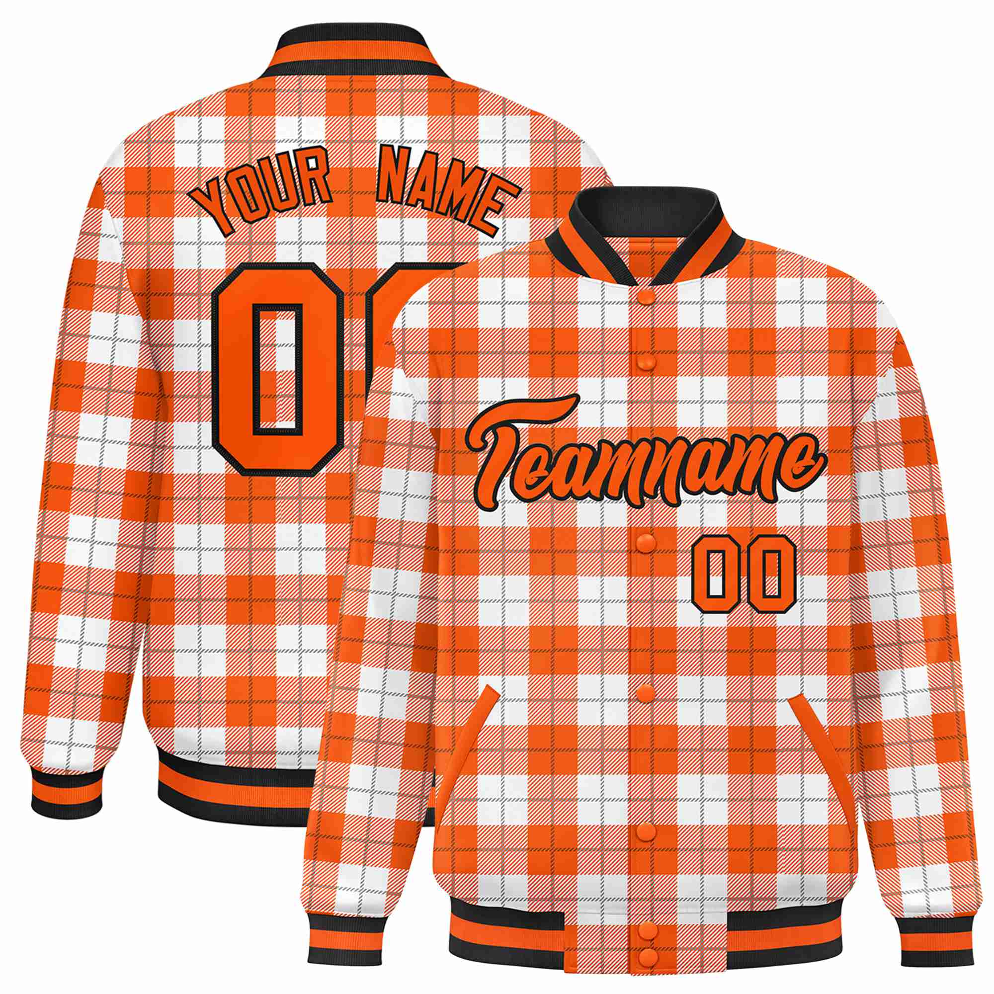 Custom Orange-White Varsity Full-Snap Plaid Pattern Letterman Baseball Jacket