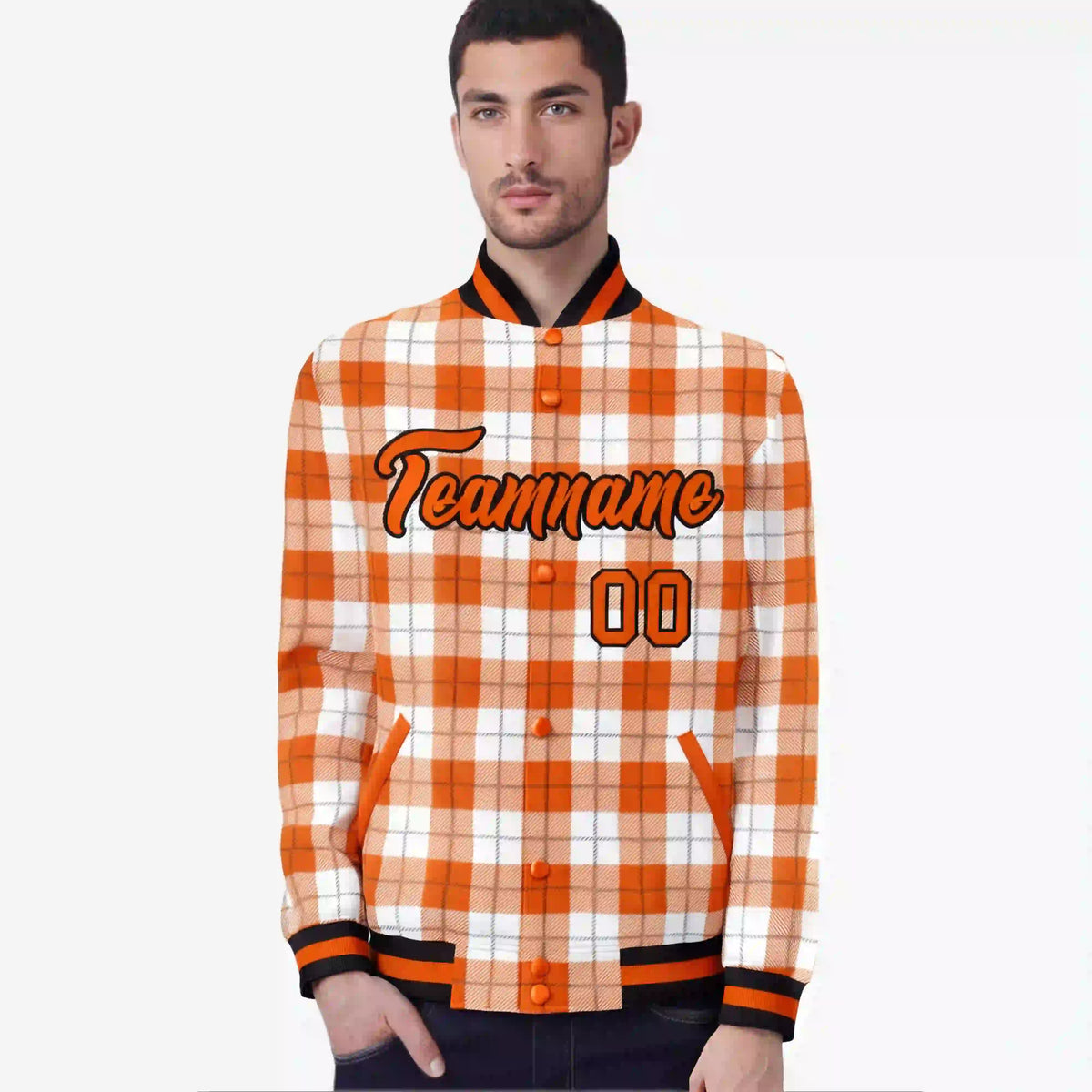 Custom Orange-White Varsity Full-Snap Plaid Pattern Letterman Baseball Jacket
