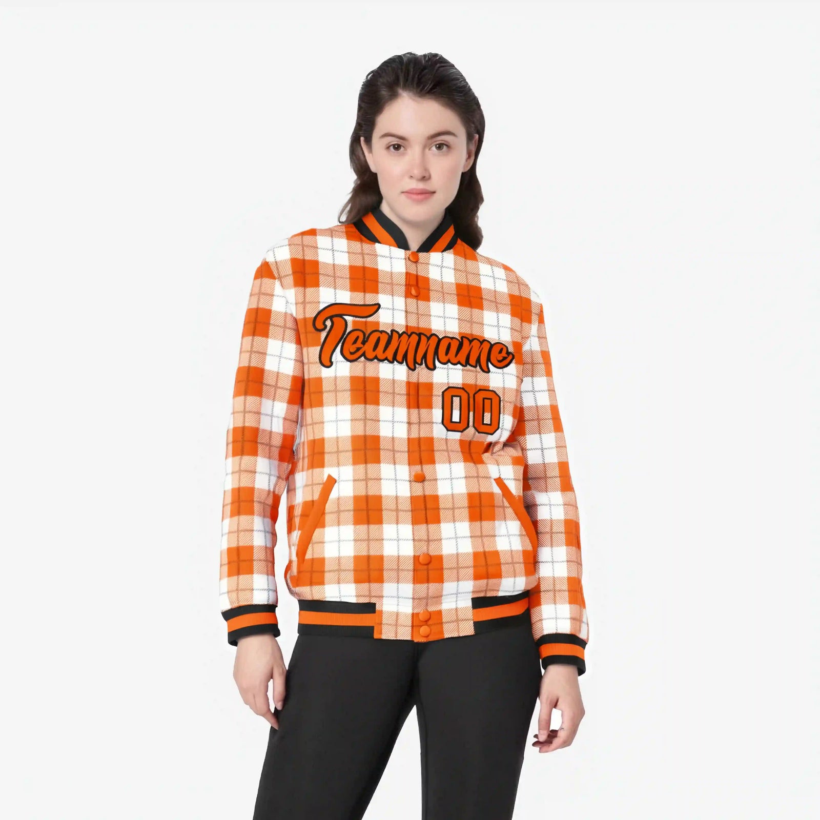 Custom Orange-White Varsity Full-Snap Plaid Pattern Letterman Baseball Jacket