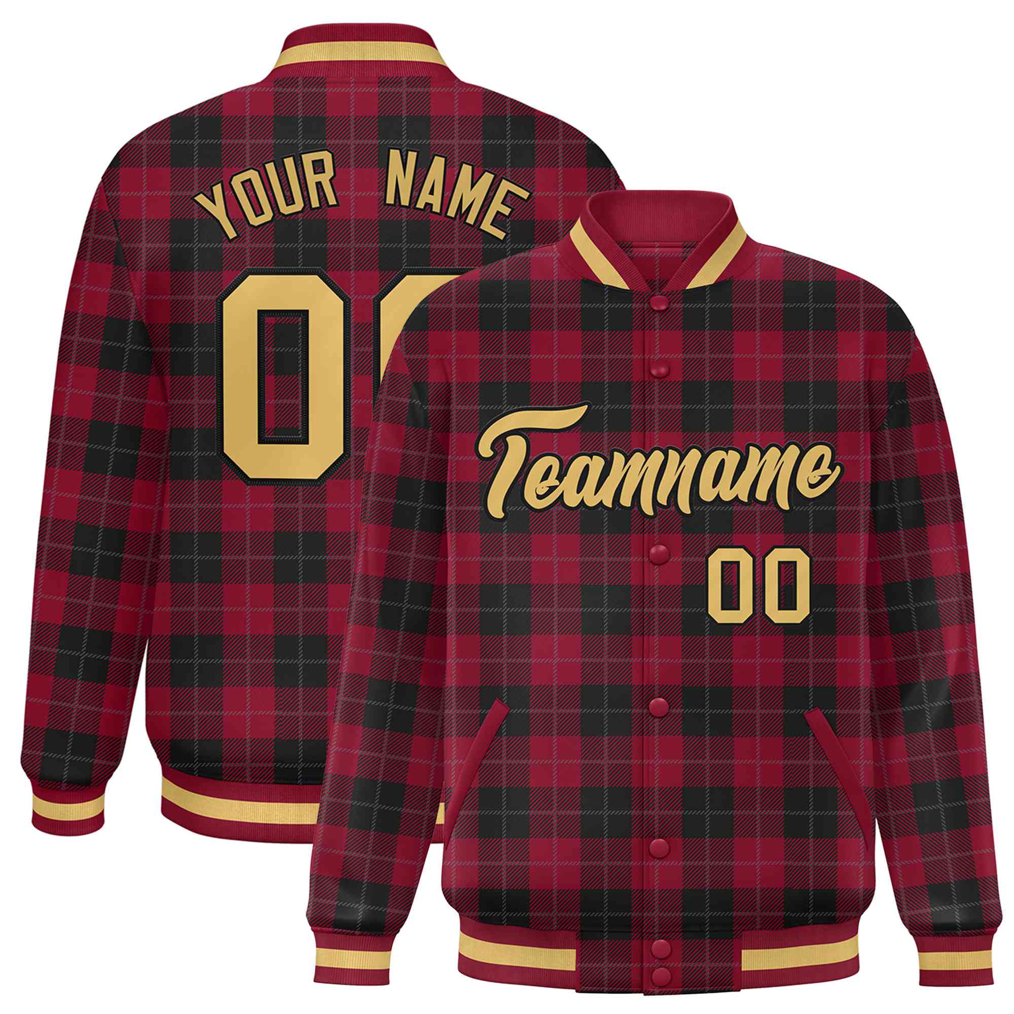 Custom Crimson-Black Varsity Full-Snap Plaid Pattern Letterman Baseball Jacket