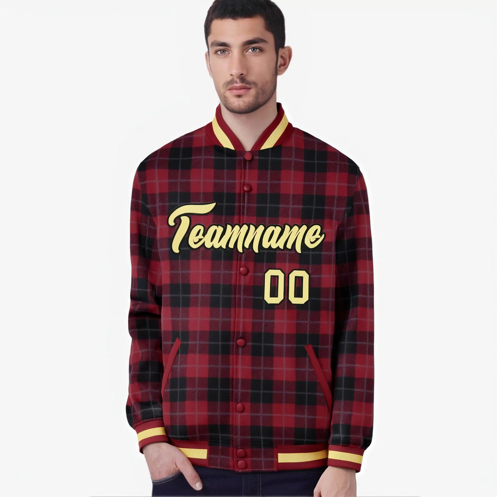 Custom Crimson-Black Varsity Full-Snap Plaid Pattern Letterman Baseball Jacket