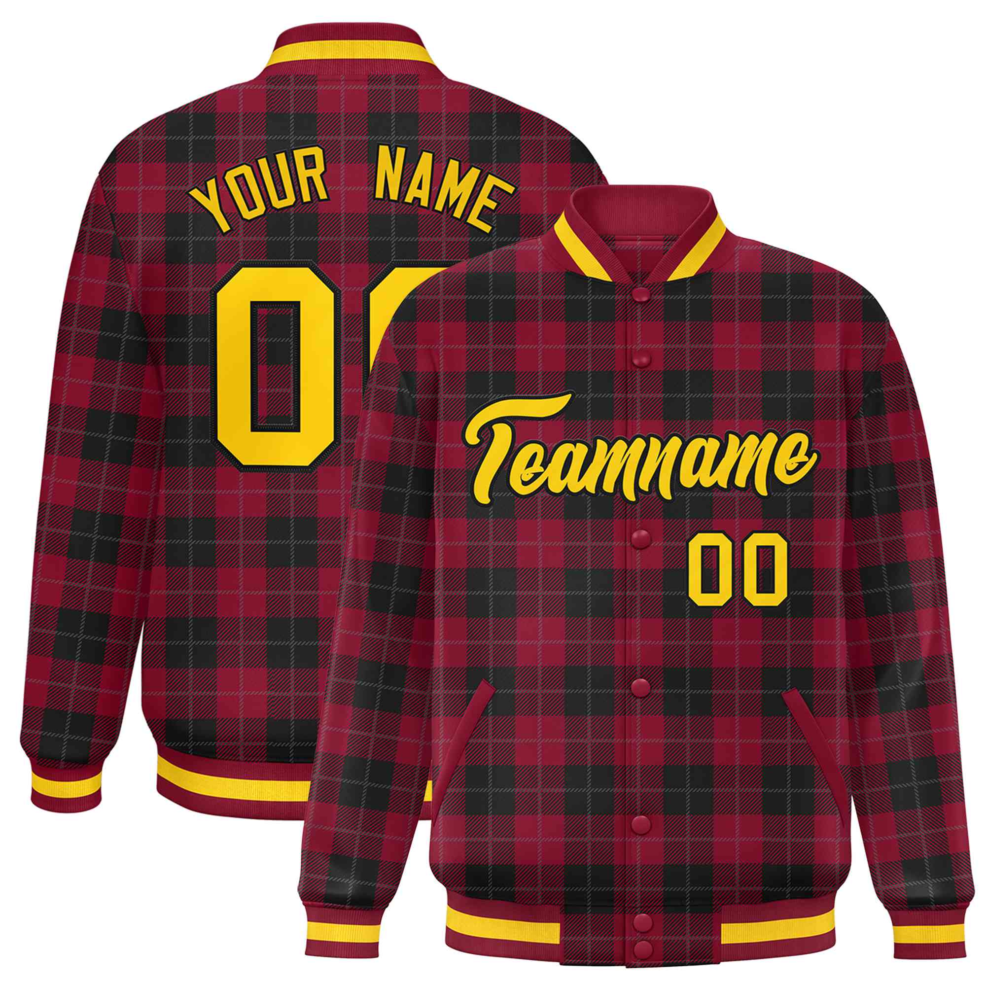 Custom Crimson-Black Varsity Full-Snap Plaid Pattern Letterman Baseball Jacket