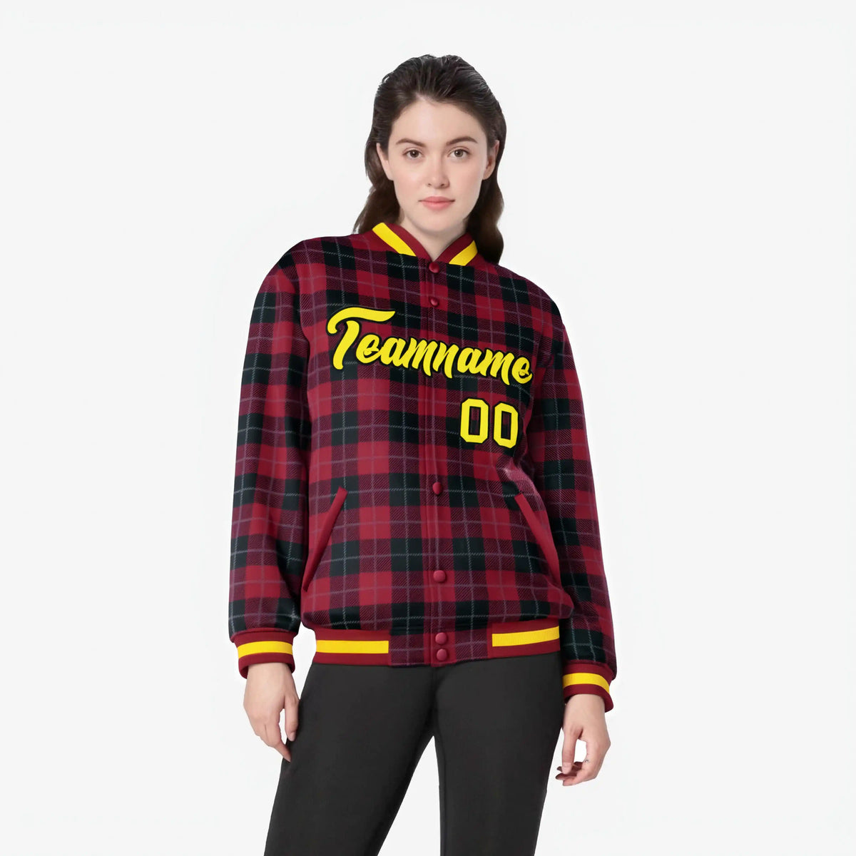 Custom Crimson-Black Varsity Full-Snap Plaid Pattern Letterman Baseball Jacket