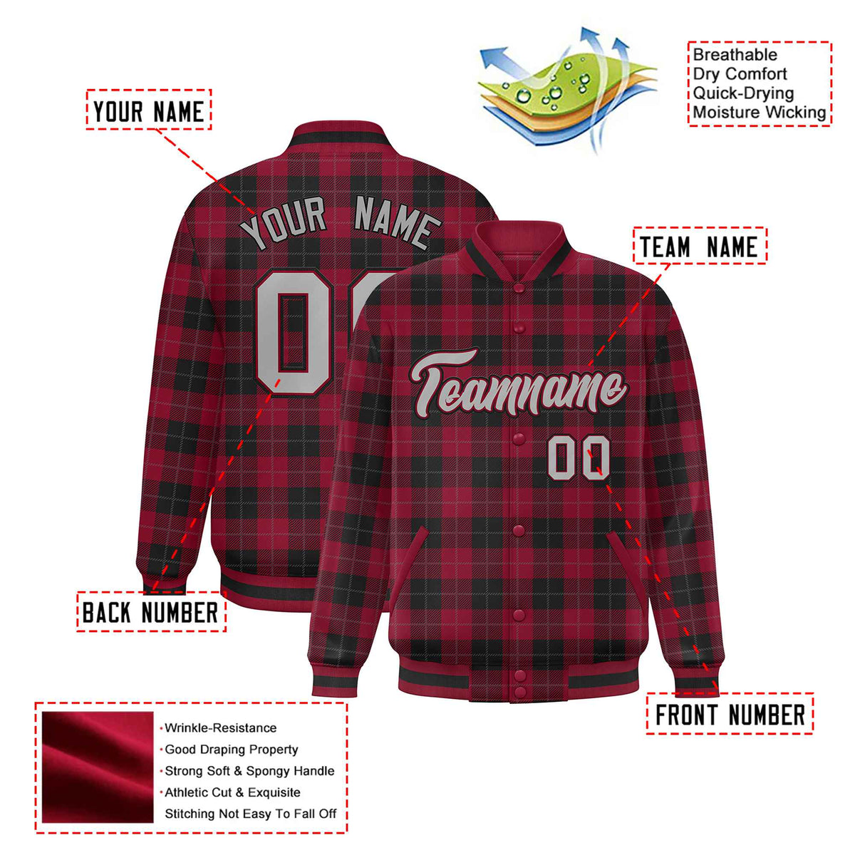 Custom Crimson-Black Varsity Full-Snap Plaid Pattern Letterman Baseball Jacket