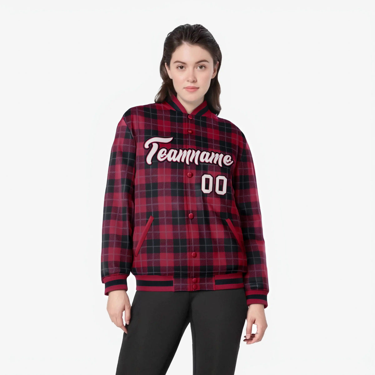 Custom Crimson-Black Varsity Full-Snap Plaid Pattern Letterman Baseball Jacket