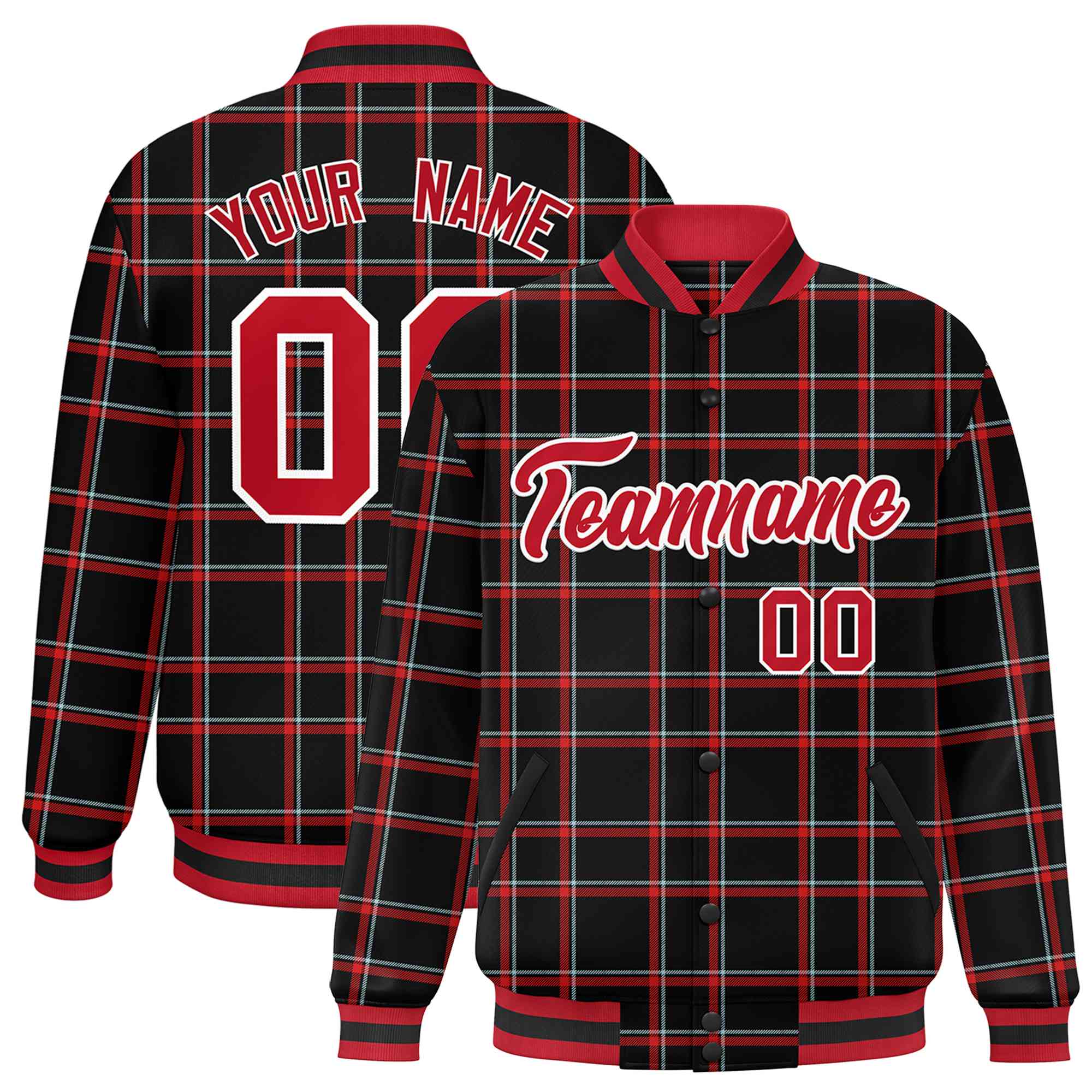 Custom Black-Red Varsity Full-Snap Plaid Pattern Letterman Baseball Jacket