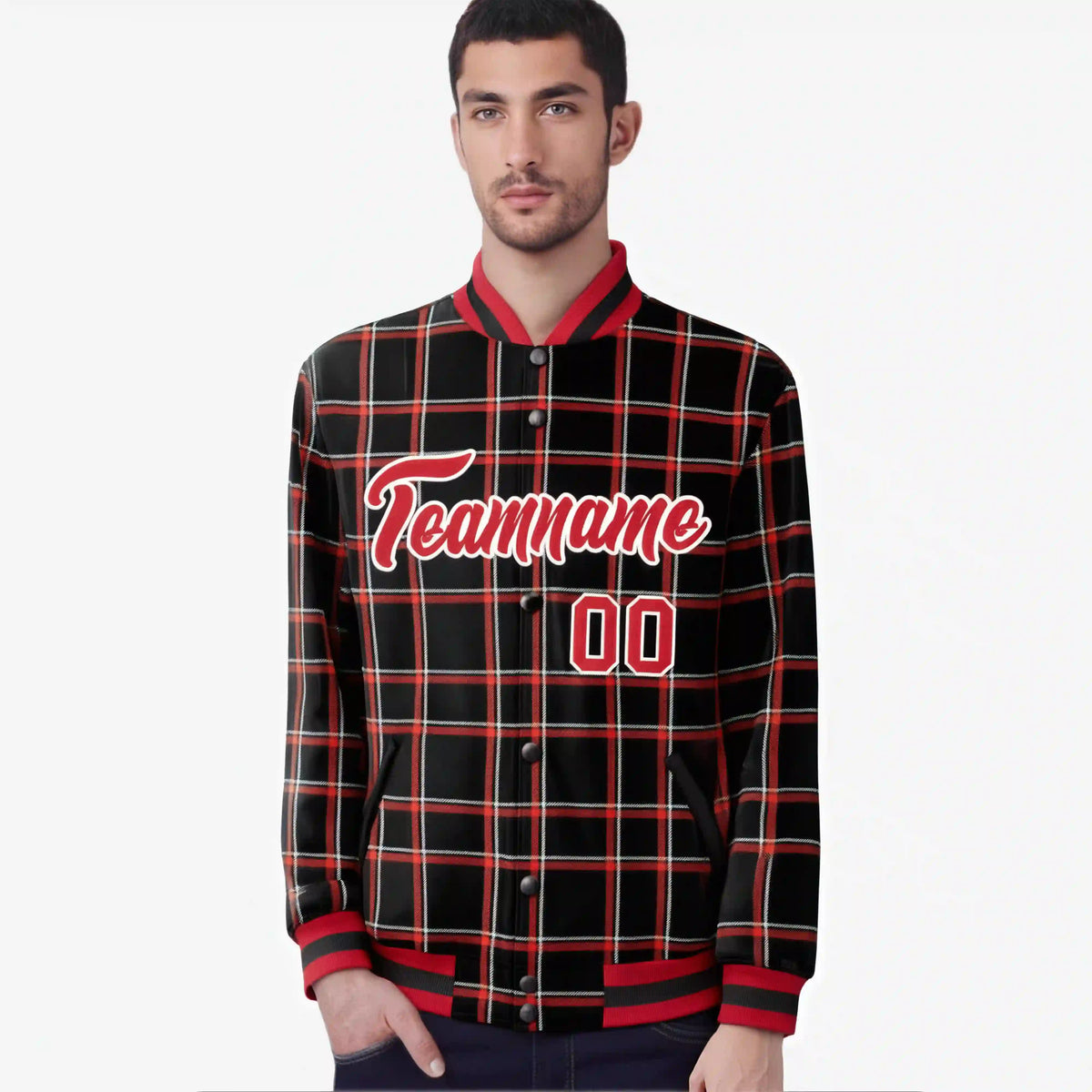 Custom Black-Red Varsity Full-Snap Plaid Pattern Letterman Baseball Jacket