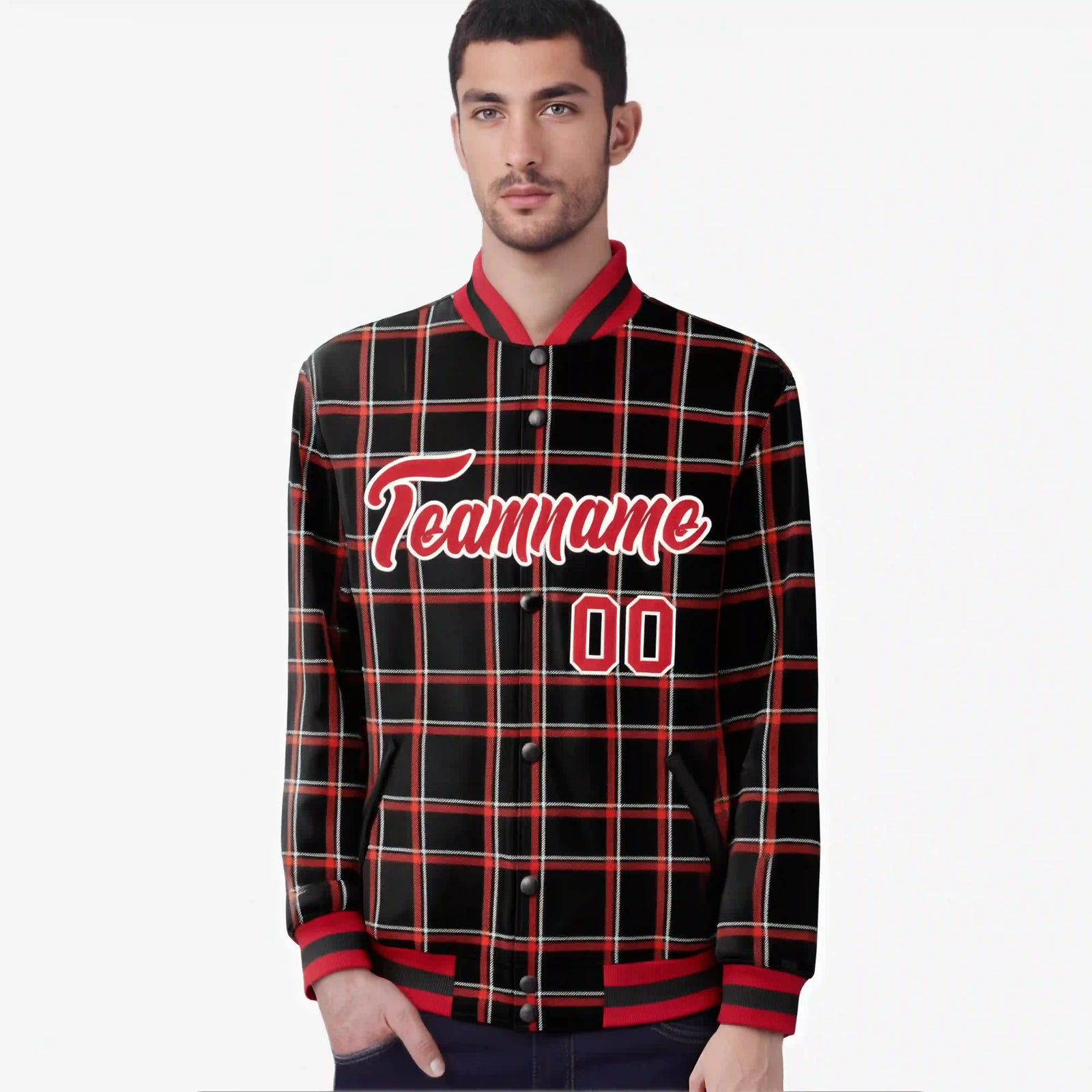 Custom Black-Red Varsity Full-Snap Plaid Pattern Letterman Baseball Jacket