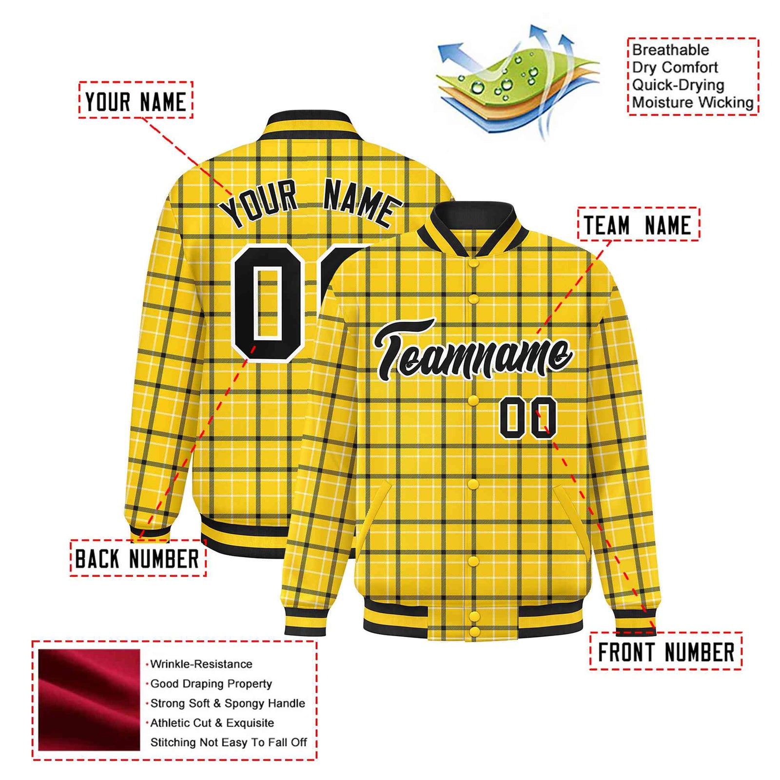 Custom Gold-Black Varsity Full-Snap Plaid Pattern Letterman Baseball Jacket