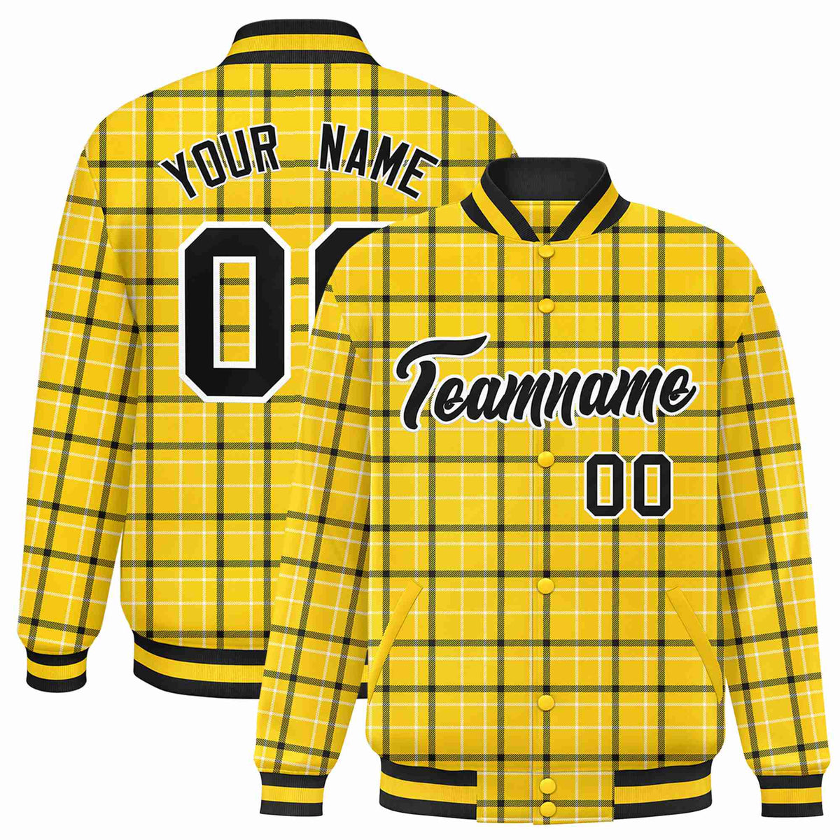 Custom Gold-Black Varsity Full-Snap Plaid Pattern Letterman Baseball Jacket