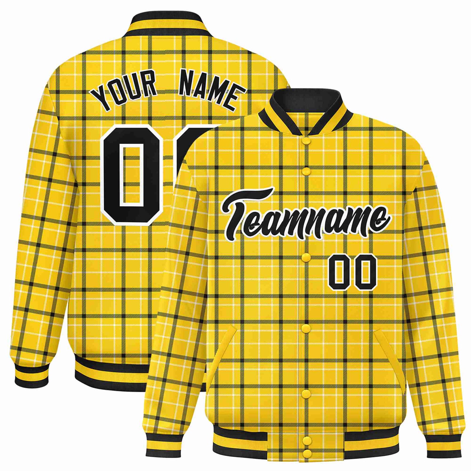 Custom Gold-Black Varsity Full-Snap Plaid Pattern Letterman Baseball Jacket