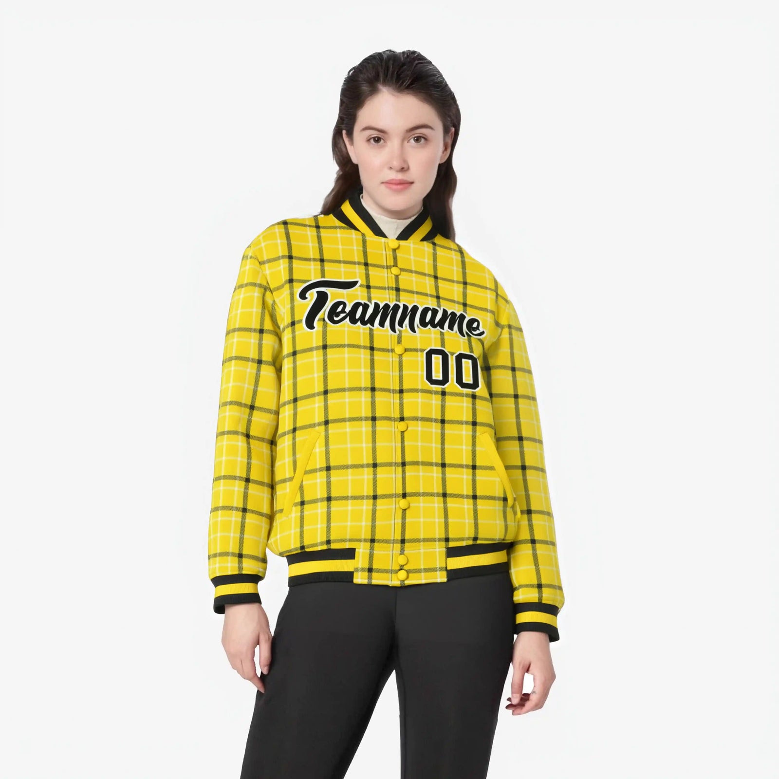 Custom Gold-Black Varsity Full-Snap Plaid Pattern Letterman Baseball Jacket