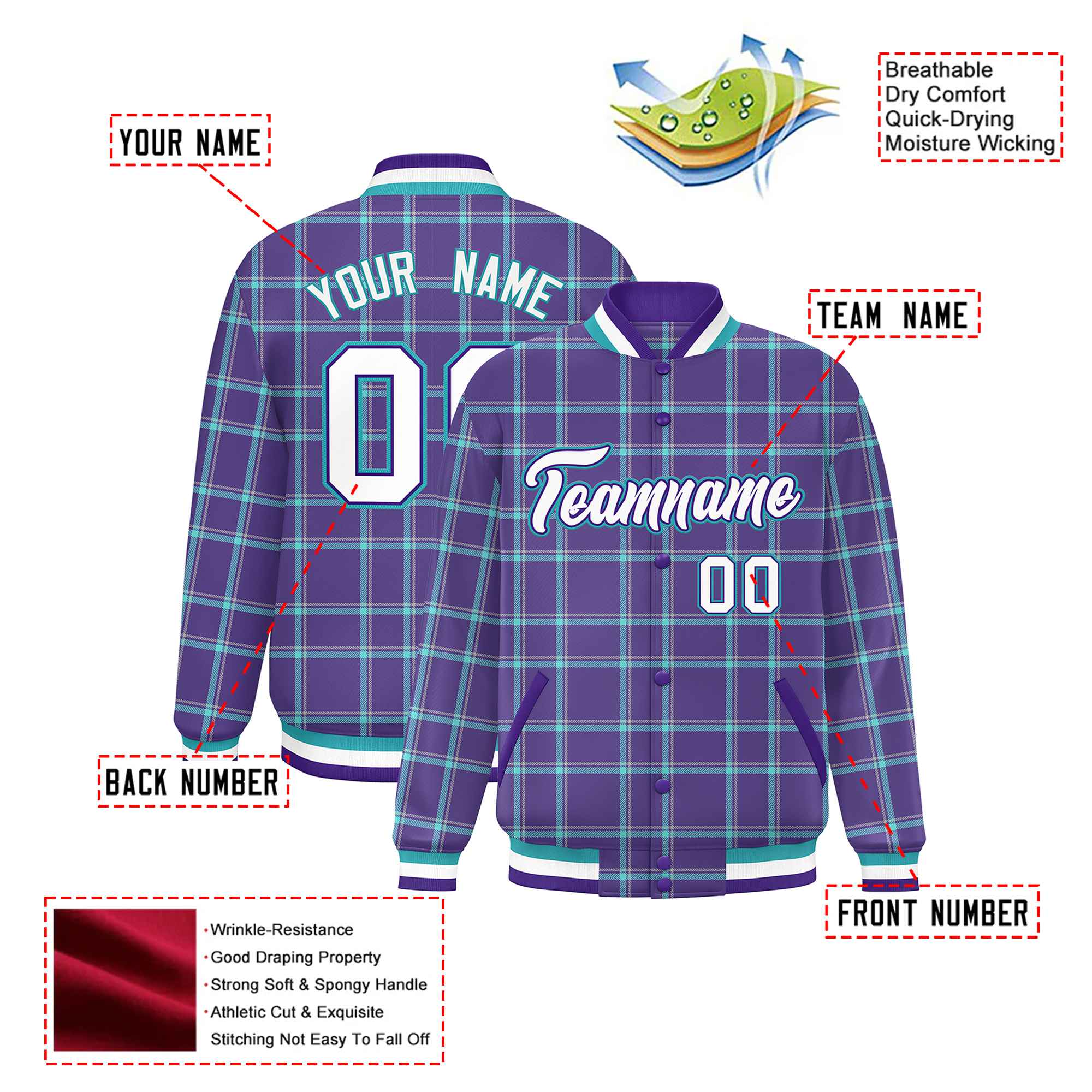 Custom Purple-Aqua Varsity Full-Snap Plaid Pattern Letterman Baseball Jacket