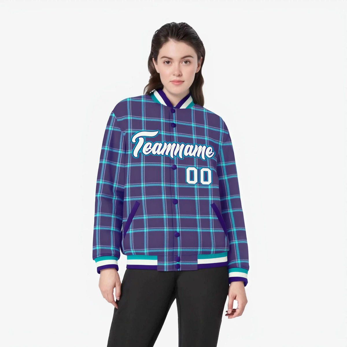Custom Purple-Aqua Varsity Full-Snap Plaid Pattern Letterman Baseball Jacket