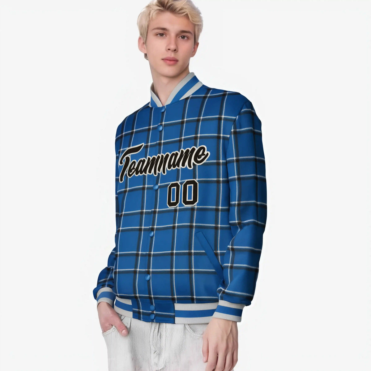 Custom Royal Blue-Black Varsity Full-Snap Plaid Pattern Letterman Baseball Jacket