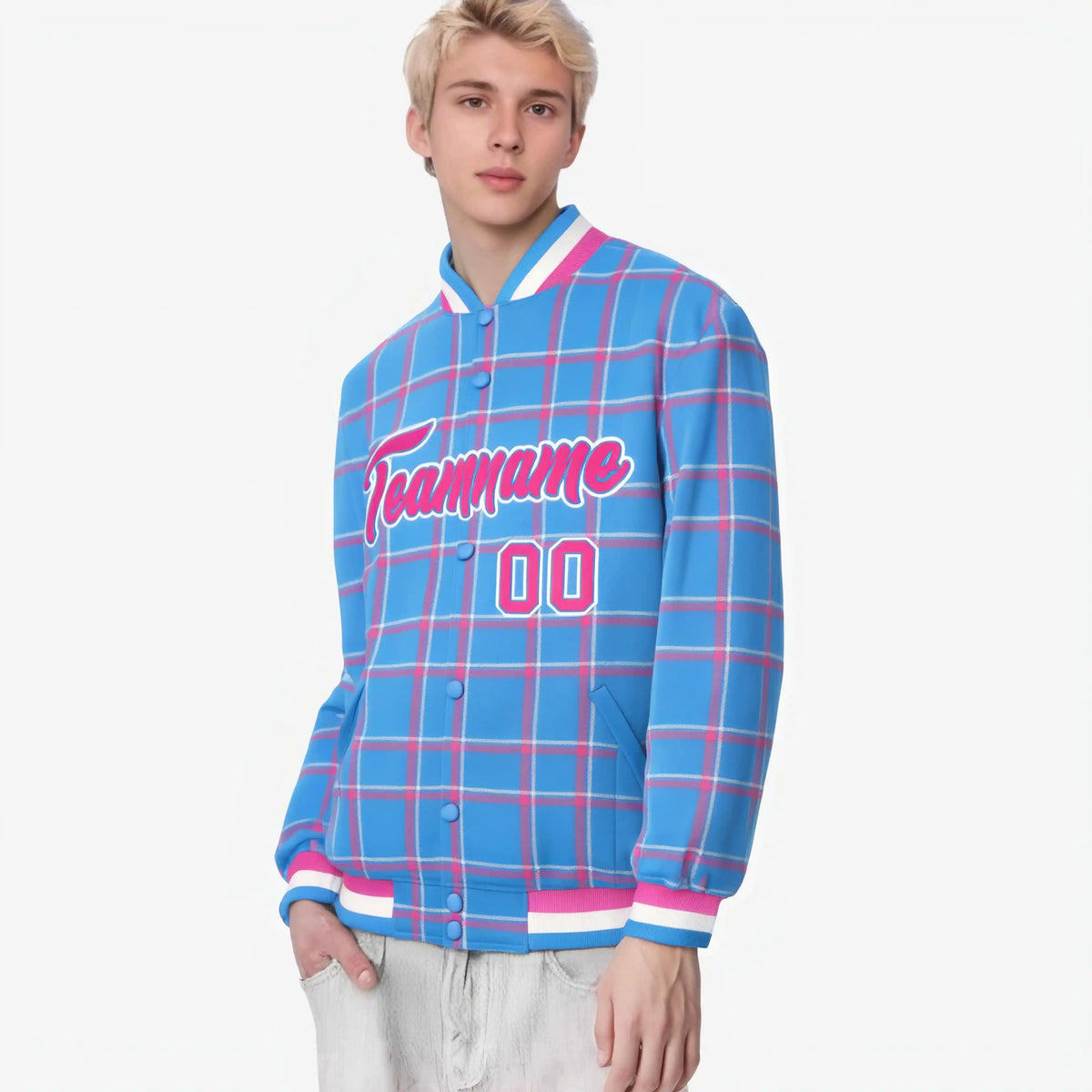 Custom Powder Blue-Pink Varsity Full-Snap Plaid Pattern Letterman Baseball Jacket