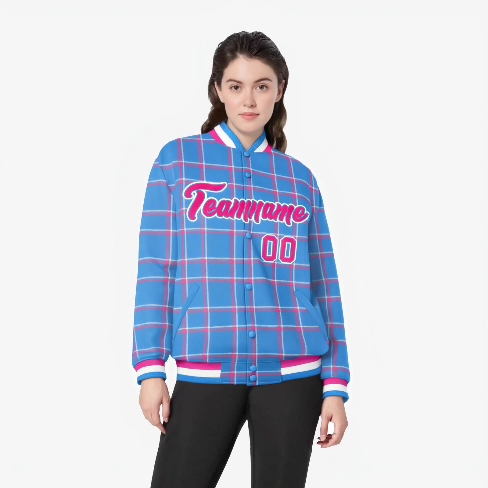 Custom Powder Blue-Pink Varsity Full-Snap Plaid Pattern Letterman Baseball Jacket