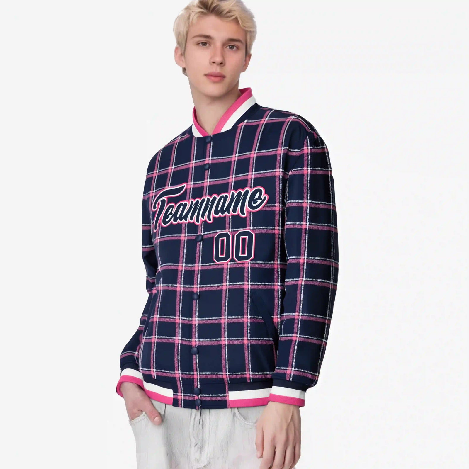 Custom Navy-Pink Varsity Full-Snap Plaid Pattern Letterman Baseball Jacket