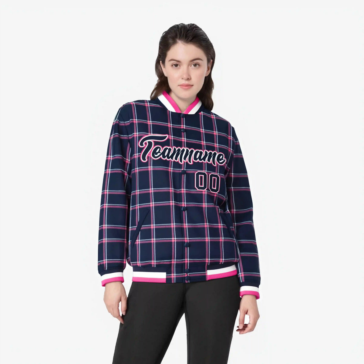 Custom Navy-Pink Varsity Full-Snap Plaid Pattern Letterman Baseball Jacket